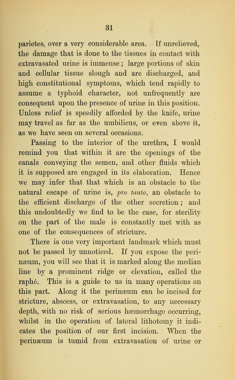parietes, over a very considerable area. If unrelieved, the damage that is done to the tissues in contact with extravasated urine is immense ; large portions of skin and cellular tissue slough and are discharged, and high constitutional symptoms, which tend rapidly to assume a typhoid character, not unfrequently are consequent upon the presence of urine in this position. Unless relief is speedily afforded by the knife, urine may travel as far as the umbilicus, or even above it, as we have seen on several occasions. Passing to the interior of the urethra, I would remind you that within it are the openings of the canals conveying the semen, and other fluids which it is supposed are engaged in its elaboration. Hence we may infer that that which is an obstacle to the natural escape of urine is, pro tanto, an obstacle to the efficient discharge of the other secretion; and this undoubtedly we find to be the case, for sterility on the part of the male is constantly met with as one of the consequences of stricture. There is one very important landmark which must not be passed by unnoticed. If you expose the peri- naeura, you will see that it is marked along the median line by a prominent ridge or elevation, called the raphe. This is a guide to us in many operations on this part. Along it the perinaeum can be incised for stricture, abscess, or extravasation, to any necessary depth, with no risk of serious haemorrhage occurring, whilst in the operation of lateral lithotomy it indi- cates the position of our first incision. When the perinaeum is tumid from extravasation of urine or