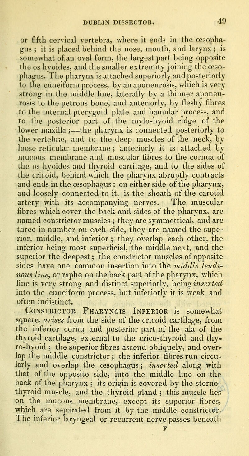 or fifth cervical vertebra, where it ends in the oesopha- gus ; it is placed behind the nose, mouth, and larynx ; is somewliat of an oval form, the largest part being opposite the OS hyoides, and the smaller extremity joining the oeso- phagus. The pharynx is attached superiorly and posteriorly to the cuneiform process, by an aponeurosis, vs'hich is very strong in the middle line, laterally by a thinner aponeu- rosis to the petrous bone, and anteriorly, by fleshy fibres to the internal pterygoid plate and hamular process, and to the posterior part of the mylo-hyoid ridge of the lower maxilla;—the pharynx is connected posteriorly to the vertebrae, and to the deep muscles of the neck, by loose reticular membrane ; anteriorly it is attached by mucous membrane and muscular fibres to the cornua of the OS hyoides and thyroid cartilage, and to the sides of the cricoid, behind which the pharynx abruptly contracts and ends in the oesophagus : on either side of the pharynx, and loosely connected to it, is the sheath of the carotid artery w^ith its accompanying nerves. The muscular fibres which cover the back and sides of the pharynx, are named constrictor muscles ; they are symmetrical, and are three in number on each side, they are named the supe- rior, middle, and inferior ; they overlap each other, the inferior being most superficial, the middle next, and the superior the deepest; the constrictor muscles of opposite sides have one common insertion into the middle tendi- nous line, or raphe on the back part of the pharynx, which line is very strong and distinct superiorly, hemginserted into the cuneiform process, but inferiorly it is weak and often indistinct. Constrictor Pharyngis Inferior is somewhat square, ainses from the side of the cricoid cartilage, from the inferior cornu and posterior part of the ala of the thyroid cartilage, external to the crico-thyroid and thy- ro-hyoid ; the superior fibres ascend obliquely, and over- lap the middle constrictor; the inferior fibres run circu- larly and overlap the oesophagus; inserted along with that of the opposite side, into the middle line on the back of the pharynx ; its origin is covered by the sterno- thyroid muscle, and the thyroid gland ; this muscle hes on the mucous membrane, except its superior fibres, which are separated from it by the middle constrictor. The inferior laryngeal or recurrent nerve passes beneath F