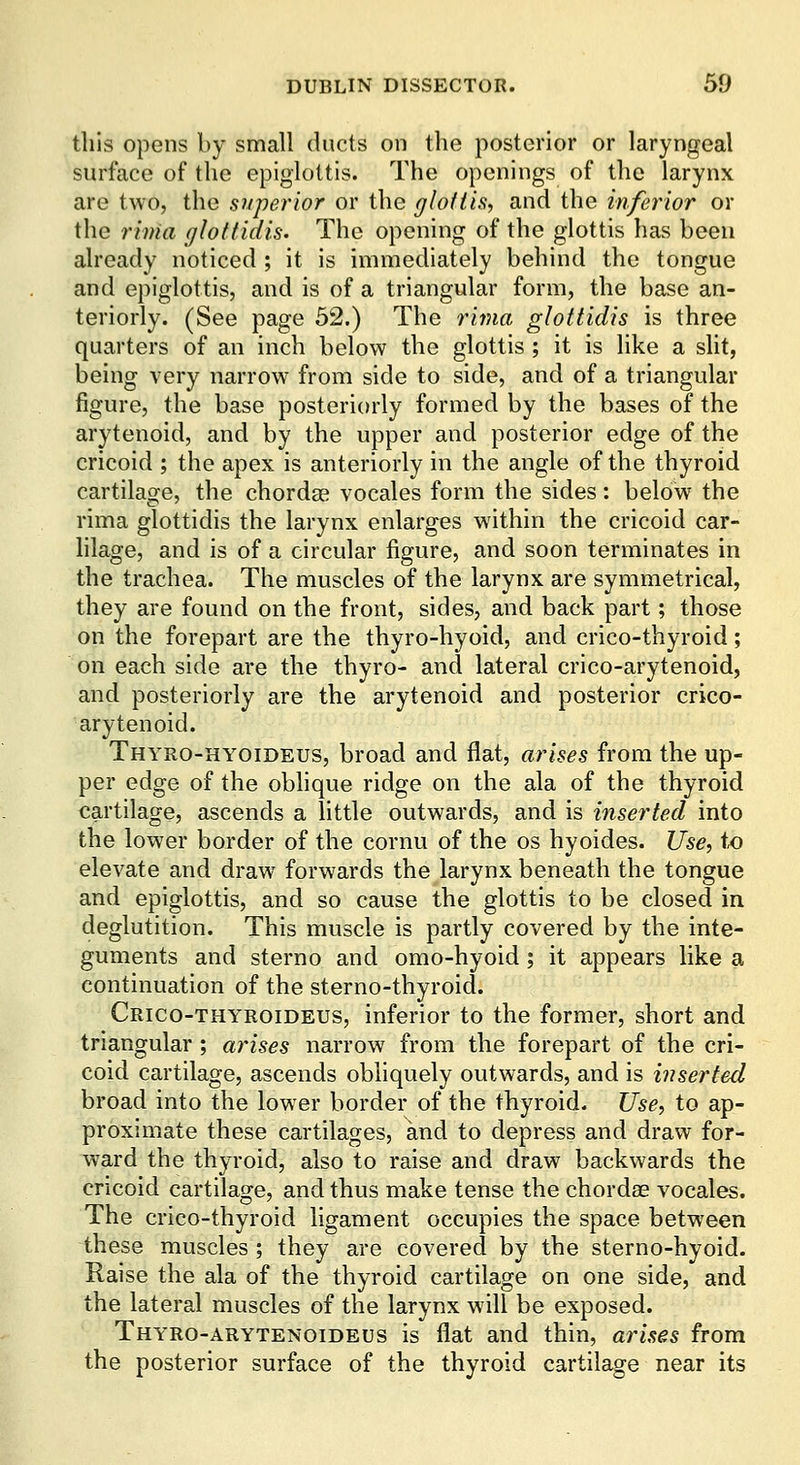 this opens by small ducts on the posterior or laryngeal surface of the epiglottis. The openings of the larynx are two, the superior or the glottis., and the inferior or the rima glottidis. The opening of the glottis has been already noticed ; it is immediately behind the tongue and epiglottis, and is of a triangular form, the base an- teriorly. (See page 52.) The rima glottidis is three quarters of an inch below the glottis ; it is like a slit, being very narrow from side to side, and of a triangular figure, the base posteriorly formed by the bases of the arytenoid, and by the upper and posterior edge of the cricoid ; the apex is anteriorly in the angle of the thyroid cartilage, the chordae vocales form the sides: below the rima glottidis the larynx enlarges within the cricoid car- lilage, and is of a circular figure, and soon terminates in the trachea. The muscles of the larynx are symmetrical, they are found on the front, sides, and back part; those on the forepart are the thyro-hyoid, and crico-thyroid; on each side are the thyro- and lateral crico-arytenoid, and posteriorly are the arytenoid and posterior crico- arytenoid. Thyro-hyoideus, broad and flat, arises from the up- per edge of the oblique ridge on the ala of the thyroid cartilage, ascends a little outwards, and is inserted into the lower border of the cornu of the os hyoides. Use, tx) elevate and draw forwards the larynx beneath the tongue and epiglottis, and so cause the glottis to be closed in deglutition. This muscle is partly covered by the inte- guments and stern0 and omo-hyoid; it appears like a continuation of the sterno-thyroid. Crico-thyroideus, inferior to the former, short and triangular ; arises narrow from the forepart of the cri- coid cartilage, ascends obliquely outwards, and is {inserted broad into the lower border of the thyroid. Use, to ap- proximate these cartilages, and to depress and draw for- ward the thyroid, also to raise and draw backwards the cricoid cartilage, and thus make tense the chordae vocales. The crico-thyroid ligament occupies the space between these muscles ; they are covered by the sterno-hyoid. Raise the ala of the thyroid cartilage on one side, and the lateral muscles of the larynx will be exposed. Thyro-arytenoideus is flat and thin, arises from the posterior surface of the thyroid cartilage near its