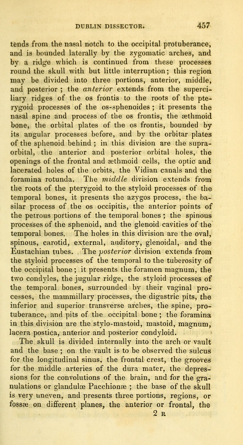 tends from the nasal notch to the occipital protuberance, and is bounded laterally by the zygomatic arches, and by a ridge which is continued from these processes round the skull with but little interruption; this region may be divided into three portions, anterior, middle, and posterior ; the anterior extends from the superci- liary ridges of the os frontis to the roots of the pte- rygoid processes of the os-sphenoides ; it presents the nasal spine and process of the os frontis, the sethmoid bone, the orbital plates of the os frontis, bounded by its angular processes before, and by the orbitar plates of the sphenoid behind ; in this division are the supra- orbital, the anterior and posterior orbital holes, the openings of the frontal and sethmoid cells, the optic and lacerated holes of the orbits, the Vidian canals and the foramina rotunda. The middle division extends from the roots of the pterygoid to the styloid processes of the temporal bones, it presents the azygos process, the ba- silar process of the os occipitis, the anterior points of the petrous portions of the temporal bones ; the spinous processes of the sphenoid, and the glenoid cavities of the temporal bones. The holes in this division are the oval, spinous, carotid, external, auditory, glenoidal, and the Eustachian tubes. The posterior division extends from the styloid processes of the temporal to the tuberosity of the occipital bone; it presents the foramen magnum, the two condyles, the jugular ridge, the styloid processes of the temporal bones, surrounded by their vaginal pro- cesses, the mammillary processes, the digastric pits, the inferior and superior transverse arches, the spine, pro- tuberance, and pits of the occipital bone ; the foramina in this division are the stylo-mastoid, mastoid, magnum, lacera postica, anterior and posterior condyloid. The skull is divided internally into the arch or vault and the base ; on the vault is to be observed the sulcus for the longitudinal sinus, the frontal crest, the grooves for the middle arteries of the dura mater, the depres- sions for the convolutions of the brain, and for the gra- nulations or glaudulcfi Pacchionae ; the base of the skull is very uneven, and presents three portions, regions, or fossce on different planes, the anterior or frontal, the 2 R