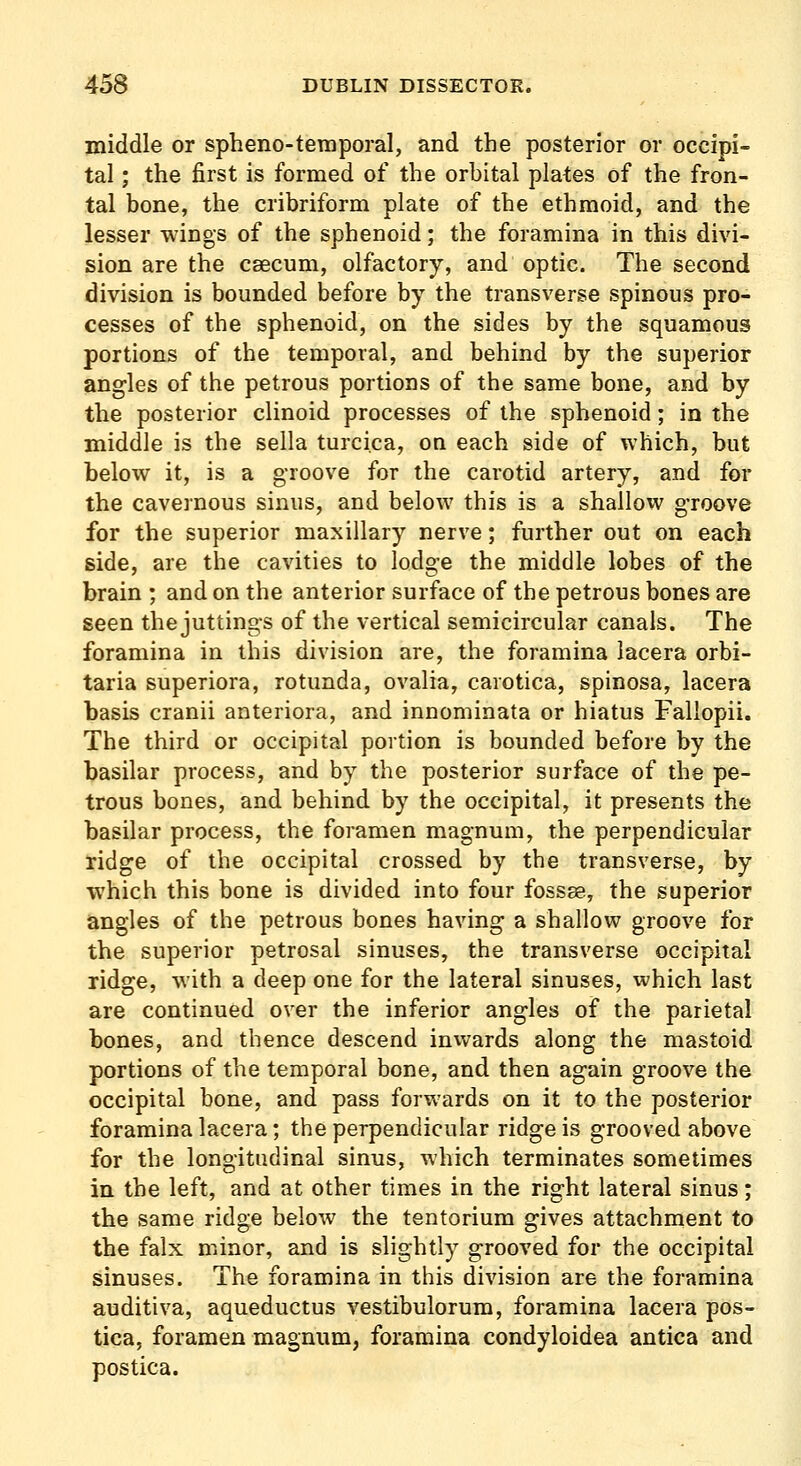 middle or spheno-temporal, and the posterior or occipi- tal ; the first is formed of the orbital plates of the fron- tal bone, the cribriform plate of the ethmoid, and the lesser wings of the sphenoid; the foramina in this divi- sion are the caecum, olfactory, and optic. The second division is bounded before by the transverse spinous pro- cesses of the sphenoid, on the sides by the squamous portions of the temporal, and behind by the superior angles of the petrous portions of the same bone, and by the posterior clinoid processes of the sphenoid; in the middle is the sella turcica, on each side of which, but below it, is a groove for the carotid artery, and for the cavernous sinus, and below this is a shallow groove for the superior maxillary nerve; further out on each side, are the cavities to lodge the middle lobes of the brain ; and on the anterior surface of the petrous bones are seen the juttings of the vertical semicircular canals. The foramina in this division are, the foramina lacera orbi- taria superiora, rotunda, ovalia, carotica, spinosa, lacera basis cranii anteriora, and innominata or hiatus Fallopii. The third or occipital portion is bounded before by the basilar process, and by the posterior surface of the pe- trous bones, and behind by the occipital, it presents the basilar process, the foramen magnum, the perpendicular ridge of the occipital crossed by the transverse, by which this bone is divided into four fossae, the superior angles of the petrous bones having a shallow groove for the superior petrosal sinuses, the transverse occipital ridge, with a deep one for the lateral sinuses, which last are continued over the inferior angles of the parietal bones, and thence descend invvards along the mastoid portions of the temporal bone, and then again groove the occipital bone, and pass forwards on it to the posterior foramina lacera; the perpendicular ridge is grooved above for the longitudinal sinus, which terminates sometimes in the left, and at other times in the right lateral sinus; the same ridge below the tentorium gives attachment to the falx minor, and is slightly grooved for the occipital sinuses. The foramina in this division are the foramina auditiva, aqueductus vestibulorum, foramina lacera pos- tica, foramen magnum, foramina condyloidea antica and postica.