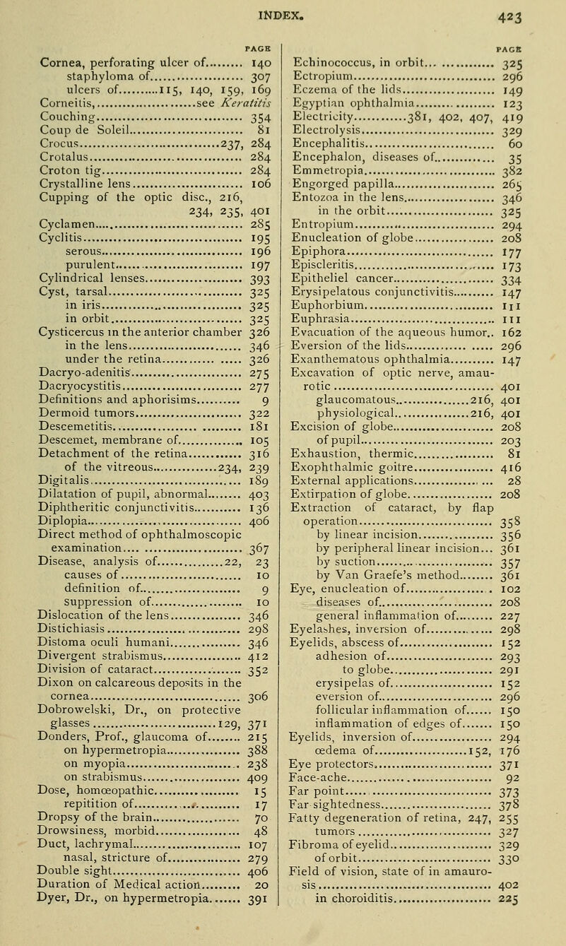 Cornea, perforating ulcer of, 140 staphyloma of 307 ulcers of I15, 140, 159, 169 Corneitis, see Keratitis Couching 354 Coup de Soleil 81 Crocus 237, 284 Crotalus 284 Croton tig 284 Crystalline lens 106 Cupping of the optic disc, 216, 234, 235, 401 Cyclamen 285 Cyclitis 195 serous 196 purulent 197 Cylindrical lenses 393 Cyst, tarsal 325 in iris 325 in orbit 325 Cysticercus in the anterior chamber 326 in the lens 346 under the retina 326 Dacryo-adenitis' 275 Dacryocystitis 277 Definitions and aphorisims 9 Dermoid tumors 322 Descemetitis 181 Descemet, membrane of 105 Detachment of the retina 316 of the vitreous 234, 239 Digitalis 189 Dilatation of pupil, abnormal 403 Diphtheritic conjunctivitis 136 Diplopia 406 Direct method of ophthalmoscopic examination 367 Disease, analysis of 22, 23 causes of 10 definition of. 9 Suppression of 10 Dislocation of the lens 346 Distichiasis 298 Distoma oculi humani 346 Divergent strabismus 412 Division of cataract 352 Dixon on calcareous deposits in the cornea 306 Dobrovs'clski, Dr., on protective glasses 129, 371 Donders, Prof., glaucoma of 215 on hypermetropia 388 on myopia 238 on strabismus 409 Dose, homoeopathic 15 repitition of 17 Dropsy of the brain 70 Drowsiness, morbid 48 Duct, lachrymal 107 nasal, stricture of 279 Double sight 406 Duration of Medical action 20 Dyer, Dr., on hypermetropia 391 Echinococcus, in orbit 325 Ectropium 296 Eczema of the lids 149 Egyptian ophthalmia 123 Electricity 381, 402, 407, 419 Electrolysis 329 Encephalitis 60 Encephalon, diseases of. 35 Emmetropia 382 Engorged papilla 26JJ Entozoa in the lens 346 in the orbit 325 Entropium 294 Enucleation of globe 208 Epiphora..- 177 Episcleritis 173 Epitheliel cancer 334 Erysipelatous conjunctivitis 147 Euphorbium m Euphrasia iii Evacuation of the aqueous humor.. 162 Eversion of the lids 296 Exanthematous ophthalmia 147 Excavation of optic nerve, amau- rotic 401 glaucomatous 216, 401 physiological 216, 401 Excision of globe 208 of pupil 203 Exhaustion, thermic 81 Exophthalmic goitre 416 External applications , ... 28 Extirpation of globe 208 Extraction of cataract, by flap operation 358 by linear incision 356 by peripheral linear incision... 361 by suction 357 by Van Graefe's method 361 Eye, enucleation of . 102 diseases of 208 general inflammation of. 227 Eyelashes, inversion of 298 Eyelids, abscess of 152 adhesion of 293 to globe 291 erysipelas of 152 eversion of. 296 follicular inflammation of 150 inflammation of edges of 150 Eyelids, inversion of 294 oedema of 152, 176 Eye protectors. 371 Face-ache 92 Far point , 373 Far sightedness 378 Fatty degeneration of retina, 247, 255 tumors 327 Fibroma of eyelid 329 of orbit 330 Field of vision, state of in amauro- sis 402 in choroiditis 225