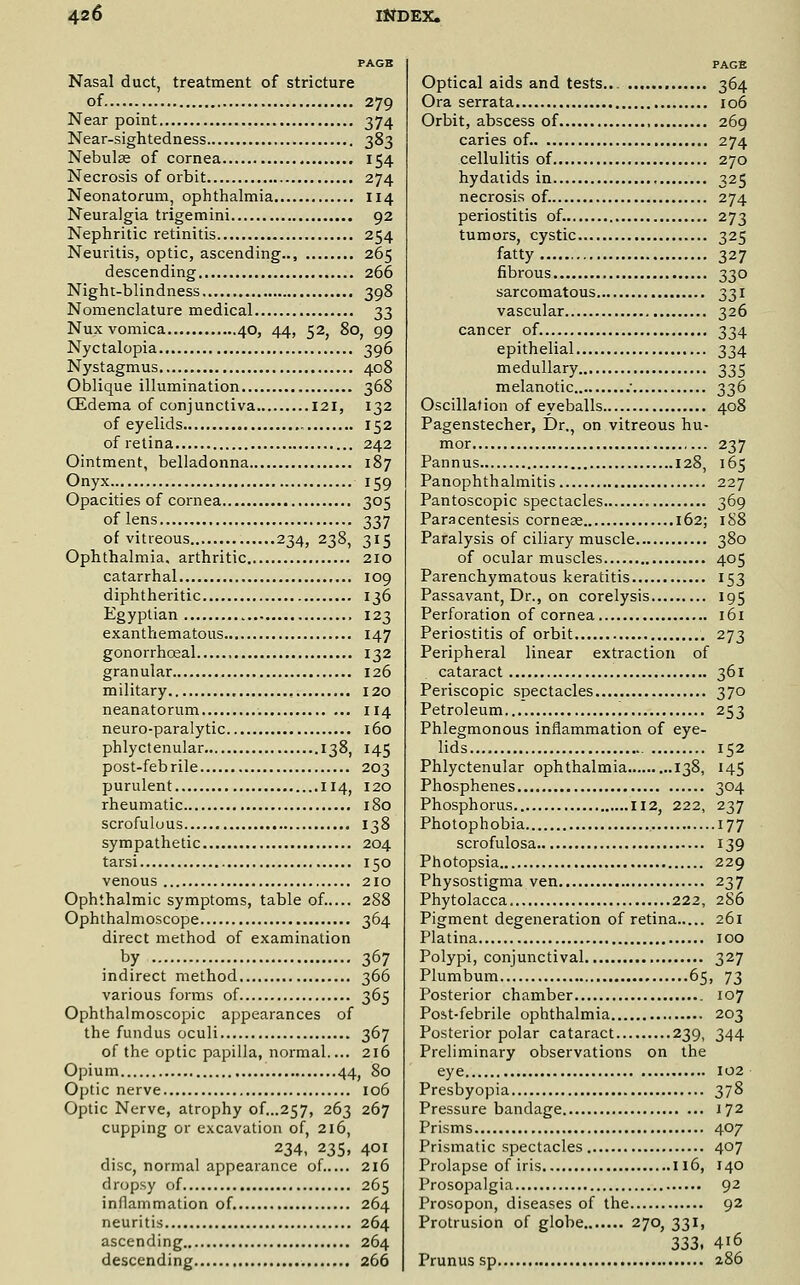 Nasal duct, treatment of stricture of 279 Near point 374 Near-sightedness 383 Nebulas of cornea 154 Necrosis of orbit 274 Neonatorum, ophthalmia 114 Neuralgia trigemini 92 Nephritic retinitis 254 Neuritis, optic, ascending.., 265 descending 266 Night-blindness 398 Nomenclature medical 33 Nux vomica 40, 44, 52, 80, 99 Nyctalopia 396 Nystagmus 408 Oblique illumination 368 CEdema of conjunctiva 121, 132 of eyelids 152 of retina 242 Ointment, belladonna 187 Onyx. 159 Opacities of cornea 305 of lens 337 of vitreous 234, 238, 315 Ophthalmia, arthritic 210 catarrhal 109 diphtheritic 136 Egyptian , 123 exanthematous 147 gonorrhoeal 132 granular 126 military 120 neanatorum 114 neuro-paralytic 160 phlyctenular 138, 145 post-febrile 203 purulent 114, 120 rheumatic 180 scrofulous 138 sympathetic 204 tarsi 150 venous , 210 Ophthalmic symptoms, table of. 288 Ophthalmoscope 364 direct method of examination by 367 indirect method 366 various forms of 365 Ophthalmoscopic appearances of the fundus oculi 367 of the optic papilla, normal 216 Opium , 44, 80 Optic nerve 106 Optic Nerve, atrophy of...257, 263 267 cupping or excavation of, 216, 234, 235, 401 disc, normal appearance of..... 2i6 dropsy of 265 inflammation of. 264 neuritis 264 ascending 264 descending 266 PAG6 Optical aids and tests... , 364 Ora serrata 106 Orbit, abscess of 269 caries of. 274 cellulitis of 270 hydatids in 325 necrosis of. 274 periostitis of. 273 tumors, cystic 325 fatty 327 fibrous 330 sarcomatous 331 vascular 326 cancer of. 334 epithelial 334 medullary 335 melanotic ■ 336 Oscillation of eyeballs 408 Pagenstecher, Dr., on vitreous hu- mor 237 Pannus 128, 165 Panophthalmitis 227 Pantoscopic spectacles 369 Paracentesis cornese 162; 188 Paralysis of ciliary muscle 380 of ocular muscles 405 Parenchymatous keratitis 153 Passavant, Dr., on corelysis 195 Perforation of cornea 161 Periostitis of orbit 273 Peripheral linear extraction of cataract 361 Periscopic spectacles 370 Petroleum 253 Phlegmonous inflammation of eye- lids 152 Phlyctenular ophthalmia 138, 145 Phosphenes 304 Phosphorus 112, 222, 237 Photophobia 177 scrofulosa 139 Photopsia 229 Physostigma ven 237 Phytolacca 222, 286 Pigment degeneration of retina 261 Platina lOO Polypi, conjunctival 327 Plumbum 65, 73 Posterior chamber 107 Post-febrile ophthalmia 203 Posterior polar cataract 239, 344 Preliminary observations on the eye 102 Presbyopia 378 Pressure bandage 172 Prisms 407 Prismatic spectacles 407 Prolapse of iris 116, 140 Prosopalgia 92 Prosopon, diseases of the 92 Protrusion of globe 270, 331, 333. 416 Prunus sp 286