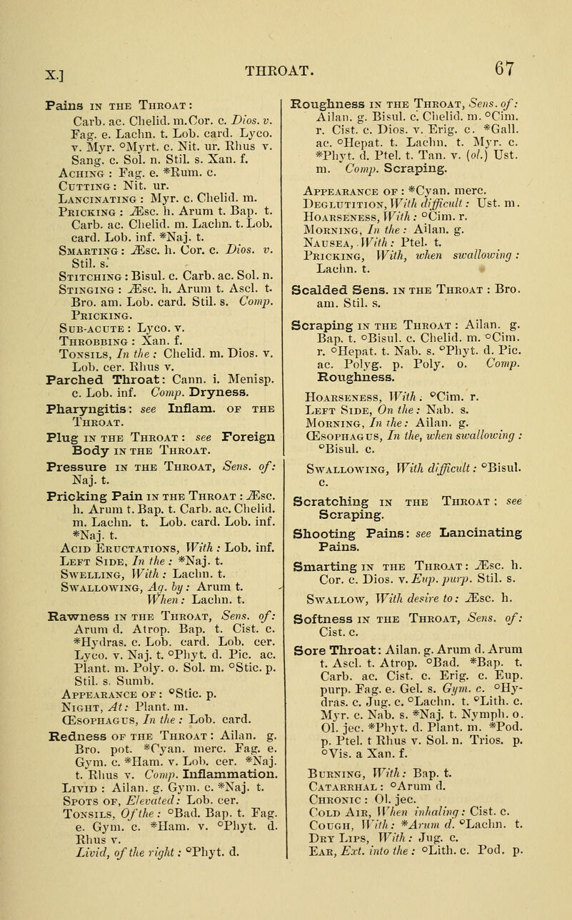 Pains IN THE Throat : Carb. ac. Chelicl. m.Cor. c. Dios. v. Fag. e. Lachn. t. Lob. card. Lyco. V. Myr. °Myrt. c. Nit, ur. Elms v. Sang. c. Sol. n. Stil. s. Xan. f. Aching : Fag. e. *Rum. c. Cutting: Nit. ur. Lancinating : Myr. c. Chelid. m. Pricking : ^sc. h. Arum t. Bap. t. Carb. ac. Chelicl. m. Lachn. t. Lob. card. Lob. inf. *Naj. t. Smarting : ^sc. h. Cor. c. Dios. v. Stil. s. Stitching : Bisul. c. Carb. ac. Sol. n. Stinging : ^sc. h. Arum t. Ascl. t Bro. am. Lob. card. Stil. s. Comp. Pricking. Sub-acute : Lyco. v. Throbbing : Xan. f. Tonsils, In the : Clielid. m. Dios. v. Lob. cer. Rhus v. Parched Throat: Cann. i. Menisp. c. Lob. inf. Comp. Dryness. Pharyngitis: see Inflam. of the Throat. Plug IN THE Throat : see Foreign Body IN THE Throat. Pressure in the Throat, Sejis. of: Naj. t. Pricking Pain in the Throat : -^sc. h. Arum t. Bap. t. Carb. ac. Chelid. m. Lachn. t. Lob. card. Lob. inf. *Naj. t. Acid Eructations, With : Lob. inf. Left Side, In the : *Naj. t. Swelling, With : Lachn. t. Swallowing, Ag. by: Arum t. When: Lachn. t. Rawness in the Throat, Sens, of: Arum d. Atrop. Bap. t. Cist. c. *Hydras. c. Lob. card. Lob. cer. Lvco. V. Naj. t. °Pliyt. d. Pic. ac. Plant, m. Poly. o. Sol. m. ^Stic. p. Stil. s, Sumb. Appearance of : *Stic. p. Night, At: Plant, m. CEsoPHAGUS, In the : Lob. card. Redness of the Throat : Allan, g. Bro. pot. *Cyan. mere. Fag. e. Gym. c. *Ham. v. Lob. cer. *Naj. t. Rhus V. Comp. Inflammation. Livid : Allan, g. Gym. c. *Naj. t. Spots of, Elevated: Lob. cer. Tonsils, Of the : °Bad. Bap. t. Fag. e. Gym. c. *Ham. v. °Phyt. d. Rhus V. Livid, of the right: °Phyt. d. Roughness in the Throat, Sens, of: Allan, g. Bisul. c. Ciielid. m. oCim. r. Cist. c. Dios. v. Erig. c. *Gall. ac. oHepat. t. Lachn. t. Myr. c. *Phyt. d. Ptel. t. Tan. v. (o/.) Ust. m. Comp. Scraping. Appearance of : *Cyan. mere. Deglutition, With difficult: Ust. m. Hoarseness, With: °Cim. r. Morning, In the : Allan, g. Nausea, JF?V/j: Ptel. t. Pricking, With, when swallowing: Lachn. t. Scalded Sens, in the Throat : Bro. am. Stil. s. Scraping in the Throat : Allan, g. Bap. t. oBisul. c. Chelid. m. oCim. r. oHepat. t. Nab. s. '^Phyt. d. Pic. ac. Polyg. p. Poly. o. Comp. Roughness. Hoarseness, With. ^Cim. r. Left Side, On the: Nab. s. Morning,/n rAe; Allan, g. (Esophagus, In the, when swallowing : ^Bisul. c. Swallowing, With difficidt: '^Bisul. c. Scratching in the Throat ; see Scraping. Shooting Pains: see Lancinating Pains. Smarting in the Throat : ^sc. h. Cor. c. Dios. Y.Enp. purp. Stil. s. Swallow, With desire to: JEsc. h. Softness in the Throat, Sens, of: Cist. c. Sore Throat: Allan, g. Arum d. Arum t. Ascl. t. Atrop. oBad. *Bap. t. Carb. ac. Cist. c. Erig. c. Eup. purp. Fag. e. Gel. s. Gym. c. °Hy- dras. c. Jug. c. °Lachn. t. ^Lith. c. Myr. c. Nab. s. *Naj. t. Nymph, o. 01. jec. *Phyt. d. Plant, m. *Pod. p. Ptel. t Rhus V. Sol. n. Trios, p. oVis. a Xan. f. Burning, With: Bap. t. Catarrhal : oArum d. Chronic : 01. jec. Cold Air, When inhaling: Cist. c. Cough, With: *^?-?nu c?'. ^Lachn. t. Dry Lips, With : Jug. c. ^A-R, Ext. into the : oLith. c. Pod. p.