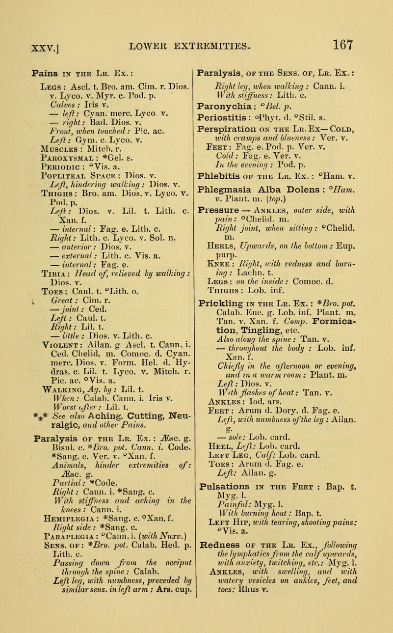Pains IN THE Lk. Ex. : Legs : Ascl. t. Bro. am. Cim. r. Dios. V. Lyco. V. Myr. c. Pod. p. Calves : Iris v. — left: Cyan. mere. Lyco. v. — right: Bad. Dios. v. Front, when touched: Pic. ac. Left: Gym. c. Lyco. v. Muscles : Mitch, r. Paroxysmal : *Gel. s. Periodic : °Vis. a. Popliteal Space : Dios. v. Left, hindering walking : Dios. v. Thighs: Bro. am. Dios. v. Lyco. v. Pod. p. Left: Dios. v. Lil. t. Lith. c. Xan. f. — internal: Eag. e. Litli. c. Right: Lith. c. Lyco. v. Sol. n. — anterior : Dios. v. — external: Lith. c. Vis. a. — internal: Fag. e. Tibia : Head of, relieved by walking: Dios, V. Toes : Caul. t. ''Lith. o. ■^ Great: Cim. r. —joint: Ced. Left: Caul. t. Right: Lil. t. — little : Dios. v. Lith. c. Violent : Allan, g. Ascl. t. Cann. i. Ced. Chelid. m. Comoc. d. Cyan, mere. Dios. v. Form. Hel. d. Hy- dras, c. Lil. t. Lyco. v. Mitch, r. Pie. ae. °Vis. a. Walking, Ag. by: Lil. t. When: Calab. Cann. i. Iris v. Worst i.fter: Lil. t. *^* See also Aching. Cutting, Neu- ralgic, and other Pains. Paralysis of the Lr. Ex. : jEsc. g. Bisul. c. *Bro. pot. Cann. i. Code. *Sang. c. Ver. v. '^Xan. f. Animals, hinder extremities of: iEsc. g. Partial: *Code. Right: Cann. i. *Sang. c. With stiffness and aching in the knees : Cann. i. Hemiplegia : *Sang. c. °Xan. f. Right side : *Sang. c. Paraplegia: ^Cann.i. (withNuxv.) Sens, of: *Bro. pot. Calab. Hed. p. Lith. e. Passing down from the occiput through the spine : Calab. Left leg, with numbness, preceded by similar sens, in left arm : Ars. cup. Paralysis, of the Sens, of, Lr. Ex. : Right leg, when ivalking : Cann. 1. With stiffness: Lith. c. Paronychia: ^Bel. p. Periostitis: oPhyt. d. °Stil. s. Perspiration on the Lr. Ex—Cold, with cramps and blueness: Ver. v. Feet: Fag. e. Pod. p. Ver. v. Cold: Fag. e. Ver. v. In the evening : Pod. p. Phlebitis of the Lr. Ex. : ^Hara. v. Phlegmasia Alba Dolens : °Ham. V. Plant, m. [top.) Pressure — Ankles, outer side, with pain: °Clielid. m. Right joint, ivhen sitting: ^Chelid. m. Heels, Upwards, on the bottom : Eup. purp. Knee : Right, icith redness and burn- ing : Lachn. t. Legs : on the inside: Comoc. d. Thighs : Lob. inf. Prickling in the Lr. Ex. : ^Bro. pot. Calab. Eue. g. Lob. inf. Plant, m. Tan. V. Xan. f. Comp. Formica- tion, Tingling, etc. Also along the spine : Tan. v. — throughout the body : Lob. inf. Xan. f. Chiefly in the afternoon or evening, and in a ivarm room : Plant, m. I^ef: Dios. v. With flashes of heat: Tan. y. Ankles: lod. ars. Feet : Arum d. Dory. d. Fag. e. Left, with numbness of the leg : Allan. g- — sole: Lob. card. Heel, Left: Lob. card. Left Leg, Calf: Lob. card. Toes : Arum d. Fag. e. Left: Allan, g. Pulsations in the Feet : Bap. t. Myg. 1. Pailful: Myg. 1. With burning heat: Bap. t. Left Hip, with tearing, shooting pains: ''Vis. a. Redness of the Lr. Ex., following the lymphatics from the calfupivards, with anxiety, twitching, etc.: Myg. 1. Ankles, with swelling, and ivith tvatery vesicles on ankles, feet, and toes: Ehus v.
