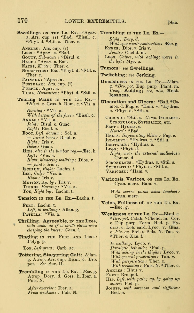 [Sec. Swellings on the Lr. Ex.—oAgav. a. Ars. cup. (?) ^Bad. °Bisul. c. oPhyt. d. oStil. s. Ther. c. Ankles : Ars. cup. (?) Legs : **AgaT. a. *=*Bacl. Gouty, Sub-acute : °Bisul. c. Hard : Agav. a. Bad. Nates, Knots : Ther. c. Nodosities : Bad. °Fhyt. d. °Stil. s. Ther. c. Painful : ''Agav. a. Pustular : Ars. cup. (?) Purple : Agav. a. Tibia, Nodosities: °Phyt. d. <*Stil. s. Tearing Pains in the Lr. Ex.— *BisuL c. Goss. h. Rum. c. °Vis. a. Burning : °Vis. a. With herpes of the face : ''Bisul. c. Ankle : °Vis. a. Joint: Bisul. c. Guac. Right: Bisul. c. Foot, Left, dorsum : Sol. n. — tarsal hones : Bisul. c. Right: Iris v. Soles: Guac. Hips, also in the lumbar reg.—^-^sc. h. Left: «>yis. a. Right, hindering walking: Dies. v. — joint: Iris v. Ischium, Right: Lachn. t. Leg, Calf: °Vis. a. Right: Iris v. Motion, Ag. by : Iris v. Thighs, Burning: °Y\s. a. Toe, Right big: Laclin. t. Tension in the Lr. Ex.—Lachn. t. Feet : Laclin. t. Left, in walking: Allan, g. Patella: *Vis. a. Thrilling, Agreeable, in the Legs, with sens, as if a bird's claws were clasping the knees: Cann. i. Tingling in the Feet and Legs : Polyg. p. Toe, Left great: Garb. ac. Tottering, Staggering Gait: Ailan. g. Atrop. Ars. cup. Bisul. c. Bro. pot. See Sec. II. Trembling in the Lr. Ex.—iEsc. g. Atrop. Dory. d. Goss. h. Iber. a. Puis. N. After exercise: Iber. a. From weakness : Puis. N. Trembling in the Lr. Ex.— Right: Dory. d. With spasmodic contraction: JEsc. g. Knees : Dios. v. Iris v. Joints: Clielid. m. Legs, Calves, with aching; worse in the left: Myr. c. Tumors: see Sva^ellings. Twitching: see Jerking. Uneasiness in the Lr. Ex.—Ailan. g. *Bro. pot. Eup. purp. Plant, m. Comp. Aching; see, also, Rest- lessness. Ulceration and Ulcers: ''Bad. *Co- moc. d. Fag. e. °Ham. v. ''Hydras, c. ''Phyt. d. °Stil. s. Chronic : °Stil. s. Comp. Indolent, Scrofulous, Syphilitic, etc» Feet : Hydras, c. Horses': ''Bad. Heels, Suppurating blister : Fag. e. Indolent : °Hydras. c. °Stil. s. Irritable : ''Hydras, c. Legs : Phyt. d. Right, near the external malleolus: Comoc. d. Scrofulous : °Hydras. c. oStil. s. Syphilitic: ''Phyt. d. ^'StiLs.. Varicose : Ham. v. Varicosis, Varices, of the Lr. Ex. —Cyan. mere. Ham. v. With severe pains when touched: Cyan. mere. Veins, Fullness of, of the Lr. Ex. —Euc. g. Weakness of the Lr. Ex.—Bisul. c. *Bro. pot. Calab. ^Clielid. m. Cor. c. Eup. purp. Form. Hed. p. Hy- dras, c. Lob. card. Lyco. v. (Ena. c. Pic. ac. Ptel. t. Puis. N. Tan. v. *Ther. c. Xan. f. In walking: Lyco. v. Paralytic, left side: ®Pod. p. With aching in the thighs: Lyco. v. With general prostration : Tan. v. With perspiration : Tlier. c. With trembling: Puis. N. *Ther. c. Ankles : Rlius v. Feet : Bro. pot. Hip, Left, with pain; ag. by going up stairs: Pod. p. Joints, with soreness and stiffness: Hed. D.
