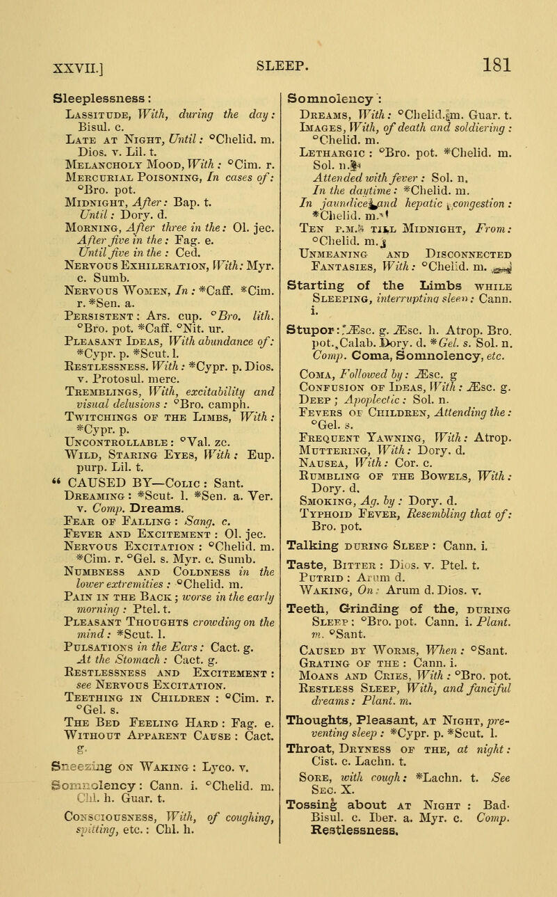 Sleeplessness: Lassitude, With, during the day: Bisul. c. Late at Night, Until: Chelid. m. Dios. V. Lil. t. Melancholy Mood, With : <^Cim. r. Mercurial Poisoning, In cases of: °Bro. pot. Midnight, AJier: Bap. t. Until: Dory. d. Morning, After three in the: 01. jec. After five in the: Fag. e. Until five in the : Ced. Nertous Exhileration, With: Myr. c. Sumb. Nervous Women, In : *Caff. *Cim. r. *Sen. a. Persistent ; Ars. cup. '^Bro. lith. ^Bro. pot. *Caff. °Nit. ur. Pleasant Ideas, With abundance of: *Cypr. p. *Scut. 1. Restlessness. With: *Cypr. p. Dios. V. Protosul. mere. Tremblings, With, excitability and visual delusions : ^Bvo. camph. Twitchings of the Limbs, With: *Cypr. p. Uncontrollable : ^Val. zc. Wild, Staring Eyes, With: Eup. purp. Lil. t. « CAUSED BY—Colic : Sant. Dreaming : *Scut. 1. *Sen. a. Ver. V. Comp. Dreams. Pear op Palling : Sang. c. Pever and Excitement : 01. jec. Nervous Excitation : °Chelid. m. *Cim. r. ^'Gel. s. Myr. c. Sumb. Numbness and Coldness in the lower extremities : ®Chelid. m. Pain in the Back ; woi'se in the early morning : Ptel. t. Pleasant Thoughts crowding on the mind: *Scut. 1. Pulsations in the Ears: Cact. g. At the Stomach : Cact. g. Restlessness and Excitement : see Nervous Excitation. Teething in Children : °Cim. r. ^Gel. s. The Bed Peeling Hard : Pag. e. Without Apparent Cause : Cact. g, Snees;mg on Waking : Lyco. v. Somnolency: Cann. i. ^Chelid. m. CM. h. Guar. t. Consciousness, With, of coughing, sjntting, etc.: Chi. h. Somnolency : Dreams, With: ^Chelid.|m. Guar. t. Images, With, of death and soldiering : '^Chelid. m. Lethargic : '^Bro. pot. *Clielid. m. Sol. n.|-^ Attended with fever : Sol. n. In the daytime: *Chelid. m. In jaundicej^and hepatic ^ congestion : *Chelid. m.^' Ten p.M.I't TiiL Midnight, From: oChelid. m. j Unmeaning and Disconnected Fantasies, With: ''Chelid. m. .^ Starting of the Limbs while Sleeping, interruptinq sleen; Cann. 1. Stupor iT^sc. g. ^sc. h. Atrop. Bro. pot.,Calab.J>ory. d. *GeL s. Sol. n. Comp. Coma, Somnolency, etc. Coma, Followed by: JEsc. g Confusion of Ideas, With : Msc. g. Deep; Apoplectic: Sol. n. Pevers of Children, Attending the: °Gel. s. Frequent Yawning, With: Atrop. Muttering, With: Dory. d. Nausea, With: Cor. c. Rumbling of the Bowels, With: Dory. d. Smoking, Ag. by : Dory. d. Typhoid Fever, Resembling that of: Bro. pot. Talking during Sleep ; Cann. i. Taste, Bitter : Dios. v. Ptel. t. Putrid : Arum d. Waking, On: Arum d. Dios. v. Teeth, Grinding of the, during Sleep : ''Bro. pot. Cann. i. Plant. VI. ^'Sant. Caused by Worms, When : °Sant. Grating of the : Cann. i. Moans and Cries, With : '^Bro. pot. Restless Sleep, With, and fanciful dreams: Plant, m. Thoughts, Pleasant, at Night, pre- venting sleep : *Cypr. p. *Scut. 1. Throat, Dryness of the, at night: Cist. c. Laclm. t. Sore, with cough: *Lachn. t. See Sec. X. Tossing about at Night : Bad- Bisul. c. Iber. a. Myr. c. Comp. Restlessness,