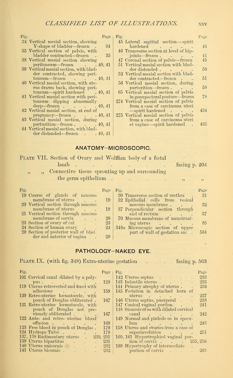 Fig. Page 34 Vertical mesial section, showing Y-shape of bladder—frozen . 34 35 Vertical section of pelvis, with bladder contracted—frozen . 35 38 Vertical mesial section showing peritoneum—frozen . . 40, 41 39 Vertical mesial section, with blad- der contracted, showing peri- toneum—frozen . . . 40, 41 40 Vertical mesial section, with ute- rus drawn back, showing peri- toneum—spirit hardened . 40, 41 41 Vertical mesial section with peri- toneum dipping abnormally deep—frozen .... 40, 41 42 Vertical mesial section, at end of pregnancy—frozen . . .40, 41 43 Vertical mesial section, during parturition—frozen . . .40, 41 44 Vertical mesial section, with blad- der distended—frozen . . 40, 41 Kg. Page 45 Lateral sagittal section—spirit hardened .... 43 46 Transverse section at level of hip- joints—frozen .... 44 47 Coronal section of pelvis—frozen 45 51 Vertical mesial section with blad- der distended .... 50 52 Vertical mesial section with blad- der contracted—frozen . . 51 56 Vertical mesial section, during parturition—frozen ... 58 65 Vertical mesial section of pelvis in genupectoral posture—frozen 78 274 Vertical mesial section of pelvis from a case of carcinoma uteri —spirit hardened . . . 434 275 Vertical mesial section of pelvis from a case of carcinoma uteri et vagina?—spirit hardened . 435 ANATOMY-MICROSCOPIC. Plate VII. Section of Ovary and Wolffian body of a foetal lamb ...... ,, „ Connective tissue sprouting up and surrounding the germ epithelium .... facing p. 204 Fig. Page 19 Course of glands of mucous membrane of uterus . . 19 20 Vertical section through mucous membrane of uterus . . 19 21 Vertical section through mucous membrane of cervix . . 20 23 Section of ovary of cat . . 23 24 Section of human ovary . . 24 29 Section of posterior wall of blad- der and anterior of vagina . 29 Fig. Page 30 Transverse section of urethra . 31 32 Epithelial cells from vesical mucous membrane ... 32 37 Perpendicular section through end of rectum ... 37 70 Mucous membrane of menstruat- ing uterus .... 85 348ft Microscopic section of upper part of wall of gestation sac . 564 PATHOLOGY-NAKED EYE. Plate IX. (with fig. 348) Extra-uterine gestation facing p. 563 Fig. Page 101 Cervical canal dilated by a poly- pus 128 119 Uterus retroverted and fixed with adhesions .... 159 120 Retro-uterine hematocele, with pouch of Douglas obliterated . 167 121 Retro-uterine hematocele, with pouch of Douglas not pre- viously obliterated . . . 167 122 Ante- and retro- uterine blood effusion 169 123 Free blood in pouch of Douglas . 170 124 Hydrops Tubse . . . .178 137, 138 Rudimentary uterus . 230, 231 139 Uterus bipartitus . . . 231 140 Uterus unicornis . . . 232 141 Uterus bicomis .... 232 Fig. Page 142 Uterus septus .... 233 143 Infantile uterus .... 233 144 Primary atrophy of uterus . . 234 145 Fcetation in detached horn of uterus 237 146 Uterus septus, puerperal . . 238 147 Conical vaginal portion . . 241 148 Stenosis of os with dilated cervical canal ■ 242 149 Normal and pinhole os in specu- lum 243 158 Uterus and oVaries from a case of superinvolution . . . 251 160, 161 Hypertrophied vaginal por- tion of cervix . . . 255,256 169 Hypertrophy of intermediate portion of cervix . . . 263
