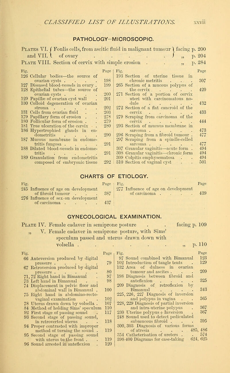 PATHOLOGY-MICROSCOPIC Plates VI. f Foulis cells, from ascitic fluid in malignant tumour \ facing p. 200 and VII. I of ovary . . . . / „ p. 204 Plate VIII. Section of cervix with simple erosion . . ,, p. 284 Pig. Page 126 Cellular bodies—the source of ovarian cysts .... 198 127 Diseased blood-vessels in ovary . 199 128 Epithelial tubes—the source of ovarian cysts .... 200 129 Papilla? of ovarian cyst wall . 201 130 Colloid degeneration of ovarian stroma 202 131 Cells from, ovarian fluid . . 203 179 Papillary form of erosion . . 278 180 Follicular form of erosion . . 279 181 True ulceration of the cervix . 280 186 Hypertrophied glands in en- dometritis .... 290 187 Mucous membrane in endome- tritis fungosa .... 291 188 Dilated blood-vessels in endome- tritis ..... 291 189 Granulation from endometritis composed of embryonic tissue 292 Pig. Page 193 Section of uterine tissue in chronic metritis . .. . 307 265 Section of a mucous polypus of the cervix 420 271 Section of a portion of cervix uteri with carcinomatous no- dule 432 272 Section of a flat cancroid of the cervix 433 279 Scraping from carcinoma of the cervix ..... 444 293 Section of mucous membrane in sarcoma 473 296 Scraping from a fibroid tumour . 477 297 Scraping from a spindle-celled sarcoma 477 307 Granular vaginitis—acute form . 494 308 Granular vaginitis—chronic form 494 309 Colpitis emphysematosa . . 494 310 Section of vaginal cyst . . 501 CHARTS OF ETIOLOGY. Pig. Page i Fi.£ 245 Influence of age on development of fibroid tumour . . . 387 276 Influence of sex- on development of carcinoma .... 437 277 Influence of age on development of carcinoma .... 439 GYNECOLOGICAL EXAMINATION. Plate IV. Female cadaver in semiprone posture „ V. Female cadaver in semiprone posture, with Sims' speculum passed and uterus drawn down with volsella ...... Pig. 66 Anteversion produced by digital pressure ..... 67 Retroversion produced by digital pressure ..... 71, 72 Right hand in Bimanual 73 Left hand in Bimanual 74 Displacement in pelvic floor and abdominal wall in Bimanual . 75 Right hand in abdomino-recto- vaginal examination 78 Uterus drawn down by volsella . 84 Method of holding Sims' speculum 92 First stage of passing sound 93 Second stage of passing sound, in retroverted uterus 94 Proper contrasted with improper method of turning the sound . 95 Second stage of passing sound with uterus to the front . 96 Sound arrested in anteflexion ?age Pig. 97 79 102 132 80 97 198 98 209 100 225, 102 107 228, 110 117 230 248 118 300, 119 354 119 398- 120 facing p. 109 p. 110 Page 123 129 Sound combined with Bimanual Introduction of tangle tents Area of dulness in ovarian tumour and ascites . . . 209 Diagnosis between fibroid and anteflexion .... 325 Diagnosis of retroflexion by Bimanual .... 343 226, 227 Diagnosis of inversion and polypus in vagina . . 365 229 Diagnosis of partial inversion and intra-uterme polypus . 367 Uterine polypus + Inversion . 367 Sound used to detect pediculated submucous fibroid . . . 395 303 Diagnosis of various forms of atresia . . . 485, 486 Catheterisation of ureters . . 574 -400 Diagrams for case-taking 624, 625