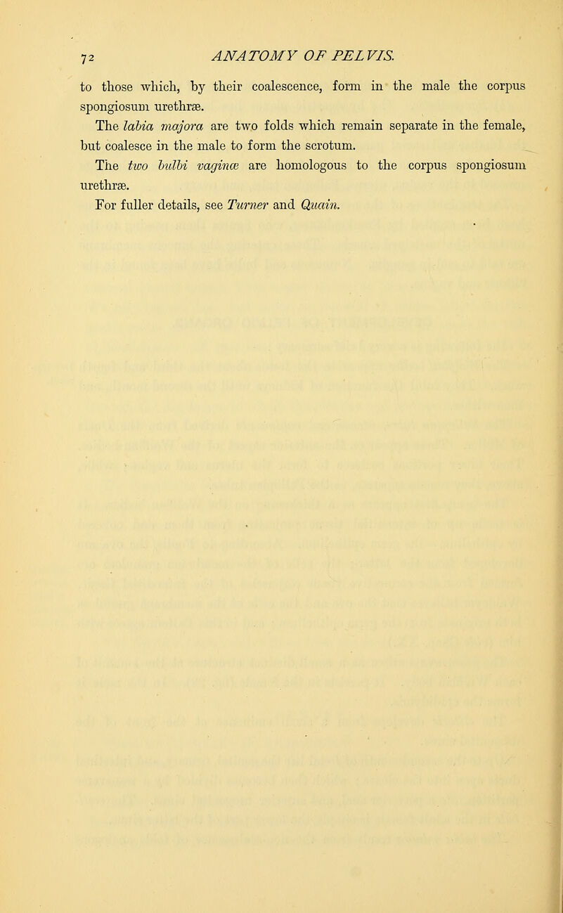 to those which, by their coalescence, form in the male the corpus spongiosum urethrse. The labia majora are two folds which remain separate in the female, but coalesce in the male to form the scrotum. The two oulbi vagince are homologous to the corpus spongiosum urethra?. For fuller details, see Turner and Qaain.