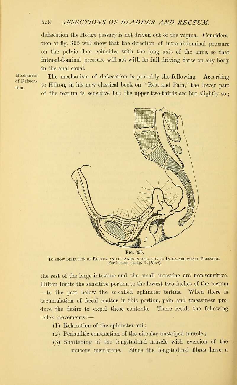 defecation the Hodge pessary is not driven out of the vagina. Considera- tion of fig. 395 will show that the direction of intra-abdominal pressure on the pelvic floor coincides with the long axis of the anus, so that intra-abdominal pressure will act with its full driving force on any body in the anal canal. Mechanism The mechanism of defaecation is probably the following. According tion ^° Hilton, in his now classical book on  Eest and Pain, the lower part of the rectum is sensitive but the upper two-thirds are but slightly so; Fig. 395. TO SHOW DIRECTION OF RECTUM AND OF ANUS IN RELATION TO INTRA-ABDOMINAL PRESSURE. For letters see fig. 63 {Hart). the rest of the large intestine and the small intestine are non-sensitive. Hilton limits the sensitive portion to the lowest two inches of the rectum —to the part below the so-called sphincter tertius. When there is accumulation of feecal matter in this portion, pain and uneasiness pro- duce the desire to expel these contents. There result the following reflex movements:— (1) Relaxation of the sphincter ani; (2) Peristaltic contraction of the circular unstriped muscle; (3) Shortening of the longitudinal muscle with eversion of the mucous membrane. Since the longitudinal fibres have a