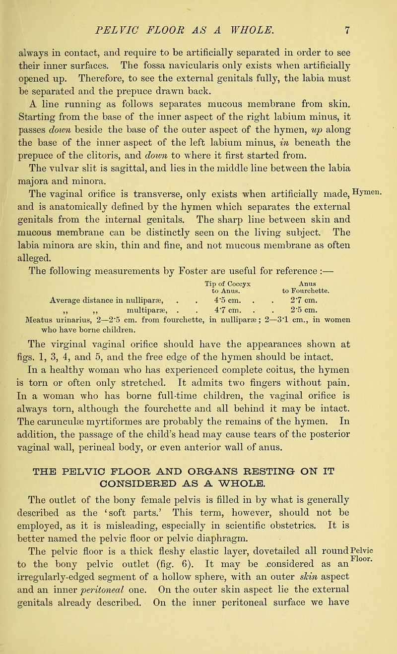 always in contact, and require to be artificially separated in order to see their inner surfaces. The fossa navicularis only exists when artificially opened up. Therefore, to see the external genitals fully, the labia must be separated and the prepuce drawn back. A line running as follows separates mucous membrane from skin. Starting from the base of the inner aspect of the right labium minus, it passes down beside the base of the outer aspect of the hymen, up along the base of the inner aspect of the left labium minus, in beneath the prepuce of the clitoris, and doimi to where it first started from. The vulvar slit is sagittal, and lies in the middle line between the labia majora and minora. The vaginal orifice is transverse, only exists when artificially made, Hymen, and is anatomically defined by the hymen which separates the external genitals from the internal genitals. The sharp line between skin and mucous membrane can be distinctly seen on the living subject. The labia minora are skin, thin and fine, and not mucous membrane as often alleged. The following measurements by Foster are useful for reference :— Tip of Coccyx Anus to Anus. to Fourchette. Average distance in nulliparae, . . 4 5 cm. . . 2 7 cm. ,, ,, multiparas, . . 4*7 cm. . 2 5 cm. Meatus urinarius, 2—2'5 cm. from fourchette, in nulliparae; 2—31 cm., in women who have borne children. The virginal vaginal orifice should have the appearances shown at figs. 1, 3, 4, and 5, and the free edge of the hymen should be intact. In a healthy woman who has experienced complete coitus, the hymen is torn or often only stretched. It admits two fingers without pain. In a woman who has borne full-time children, the vaginal orifice is always torn, although the fourchette and all behind it may be intact. The carunculse myrtiformes are probably the remains of the hymen. In addition, the passage of the child's head may cause tears of the posterior vaginal wall, perineal body, or even anterior wall of anus. THE PELVIC FLOOR AND ORGANS RESTING ON IT CONSIDERED AS A WHOLE. The outlet of the bony female pelvis is filled in by what is generally described as the 'soft parts.' This term, however, should not be employed, as it is misleading, especially in scientific obstetrics. It is better named the pelvic floor or pelvic diaphragm. The pelvic floor is a thick fleshy elastic layer, dovetailed all round Pelvic to the bony pelvic outlet (fig. 6). It may be .considered as an irregularly-edged segment of a hollow sphere, with an outer shin aspect and an inner peritoneal one. On the outer skin aspect lie the external genitals already described. On the inner peritoneal surface we have