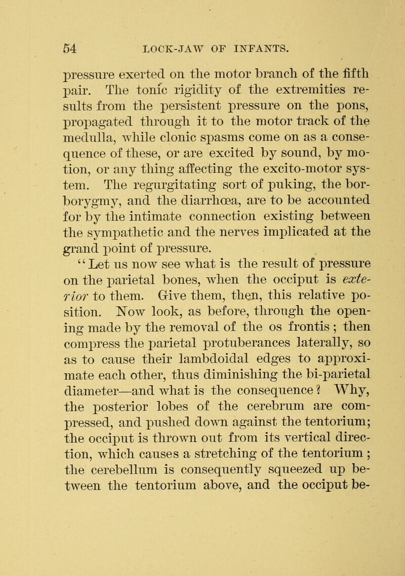 pressure exerted on the motor branch of the fifth pair. The tonic rigidity of the extremities re- sults from the persistent pressure on the pons, propagated through it to the motor track of the medulla, while clonic spasms come on as a conse- quence of these, or are excited by sound, by mo- tion, or any thing affecting the excito-motor sys- tem. The regurgitating sort of puking, the bor- borygmy, and the diarrhoea, are to be accounted for by the intimate connection existing between the sympathetic and the nerves implicated at the grand point of pressure. '' Let us now see what is the result of pressure on the parietal bones, when the occiput is exte- Hot to them. G-ive them, then, this relative po- sition. Now look, as before, through the open- ing made by the removal of the os frontis ; then compress the parietal protuberances laterally, so as to cause their lambdoidal edges to approxi- mate each other, thus diminishing the bi-parietal diameter—and what is the consequence ? Why, the posterior lobes of the cerebrum are com- pressed, and pushed down against the tentorium; the occiput is thrown out from its vertical direc- tion, which causes a stretching of the tentorium ; the cerebellum is consequently squeezed up be- tween the tentorium above, and the occiput be-