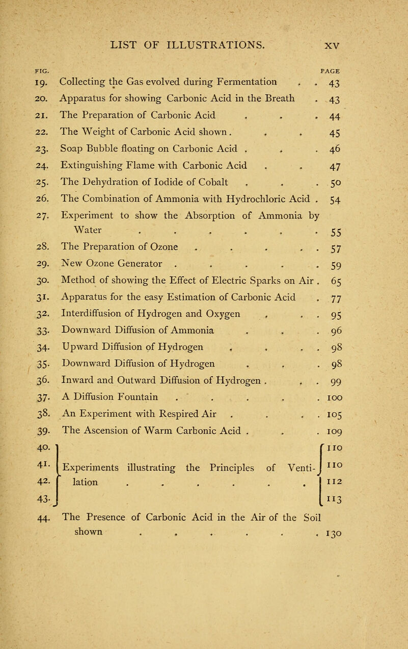 FIG. PAGE 19. Collecting the Gas evolved during Fermentation . . 43 20. Apparatus for showing Carbonic Acid in the Breath . 43 21. The Preparation of Carbonic Acid . . -44 22. The Weight of Carbonic Acid shown, . . 45 23. Soap Bubble floating on Carbonic Acid . . .46 24. Extinguishing Flame with Carbonic Acid . . 47 25. The Dehydration of Iodide of Cobalt . . -So 26. The Combination of Ammonia with Hydrochloric Acid . 54 27. Experiment to show the Absorption of Ammonia by Water . . . . . -55 28. The Preparation of Ozone . . . • • 57 29. New Ozone Generator . . . , -59 30. Method of showing the Effect of Electric Sparks on Air . 65 31. Apparatus for the easy Estimation of Carbonic Acid . 77 32. Interdififusion of Hydrogen and Oxygen . • • 95 33. Downward Diffusion of Ammonia . . .96 34. Upward Diffusion of Hydrogen , . . . 98 35. Downward Diffusion of Hydrogen . , .98 36. Inward and Outward Diffusion of Hydrogen , , , 99 37. A Diffusion Fountain . . . . . 100 38. An Experiment with Respired Air . . . . 105 39. The Ascension of Warm Carbonic Acid . . .109 40- 1 fiio ^^' Experiments illustrating the Principles of Venti- '^° 42. lation . . . . . .112 43- 113 44. The Presence of Carbonic Acid in the Air of the Soil shown . . . . . . [30