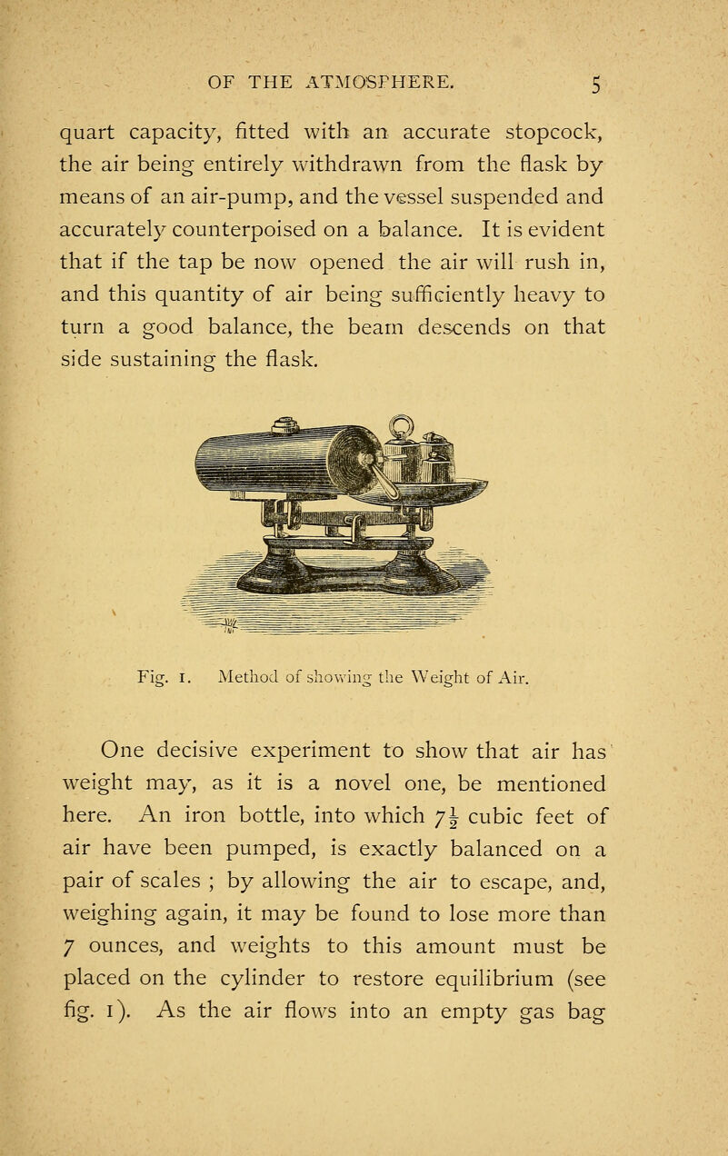 quart capacity, fitted with an accurate stopcock, the air being entirely withdrawn from the flask by means of an air-pump, and the vessel suspended and accurately counterpoised on a balance. It is evident that if the tap be now opened the air will rush in, and this quantity of air being sufficiently heavy to turn a good balance, the beam descends on that side sustaining the flask. Fig. I. Method of showing the Weight of Air. One decisive experiment to show that air has weight may, as it is a novel one, be mentioned here. An iron bottle, into which 7 J cubic feet of air have been pumped, is exactly balanced on a pair of scales ; by allowing the air to escape, and, weighing again, it may be found to lose more than 7 ounces, and weights to this amount must be placed on the cylinder to restore equilibrium (see fig. i). As the air flows into an empty gas bag