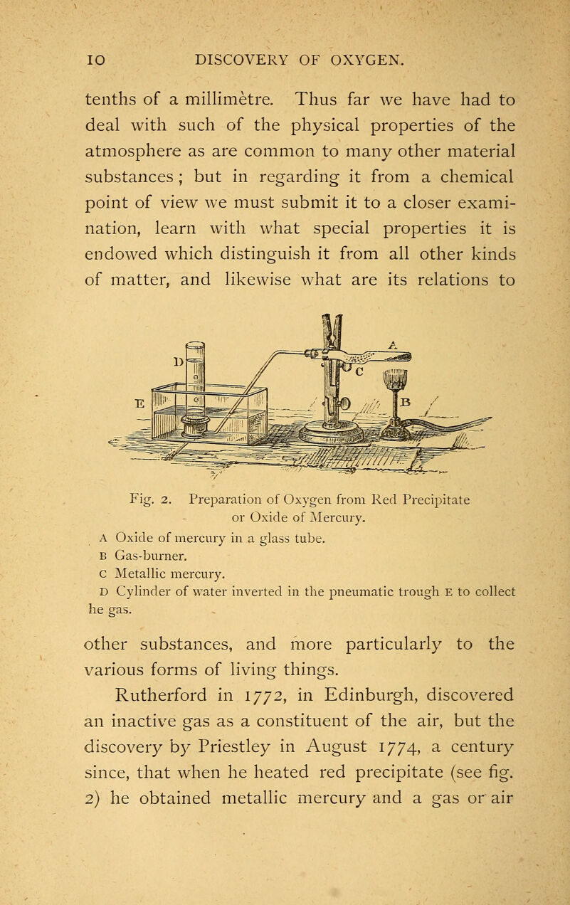 tenths of a millimetre. Thus far we have had to deal with such of the physical properties of the atmosphere as are common to many other material substances ; but in regarding it from a chemical point of view we must submit it to a closer exami- nation, learn with what special properties it is endowed which distinguish it from all other kinds of matter, and likewise what are its relations to Fig. 2. Preparation of Oxygen from Red Pi-ecipitate or Oxide of Mercury. A Oxide of mercury in a glass tube. B Gas-burner. C Metallic mercury. D Cylinder of water inverted in the pneumatic trough E to collect he gas. other substances, and more particularly to the various forms of living things. Rutherford in 1772, in Edinburgh, discovered an inactive gas as a constituent of the air, but the discovery by Priestley in August 1774, a century since, that when he heated red precipitate (see fig. 2) he obtained metallic mercury and a gas or air