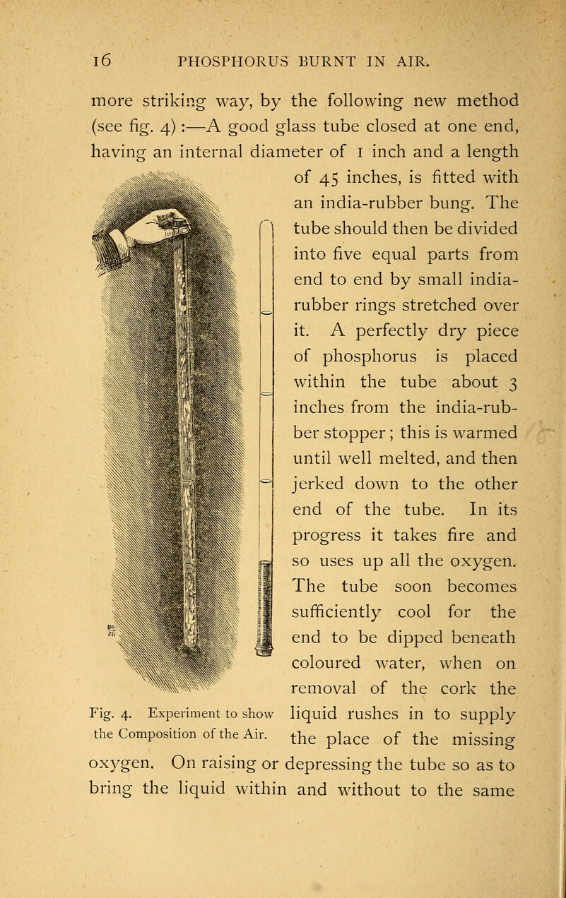 PHOSPHORUS BURNT IN AIR. more striking way, by the following new method (see fig. 4):—A good glass tube closed at one end, having an internal diameter of i inch and a length of 45 inches, is fitted with an india-rubber bung. The tube should then be divided into five equal parts from end to end by small india- rubber rings stretched over it. A perfectly dry piece of phosphorus is placed within the tube about 3 inches from the india-rub- ber stopper; this is warmed until well melted, and then jerked down to the other end of the tube. In its progress it takes fire and so uses up all the oxygen. The tube soon becomes sufficiently cool for the end to be dipped beneath coloured water, when on removal of the cork the liquid rushes in to supply the place of the missing oxygen. On raising or depressing the tube so as to bring the liquid within and without to the same Fig. 4. Experiment to show the Composition of the Air.