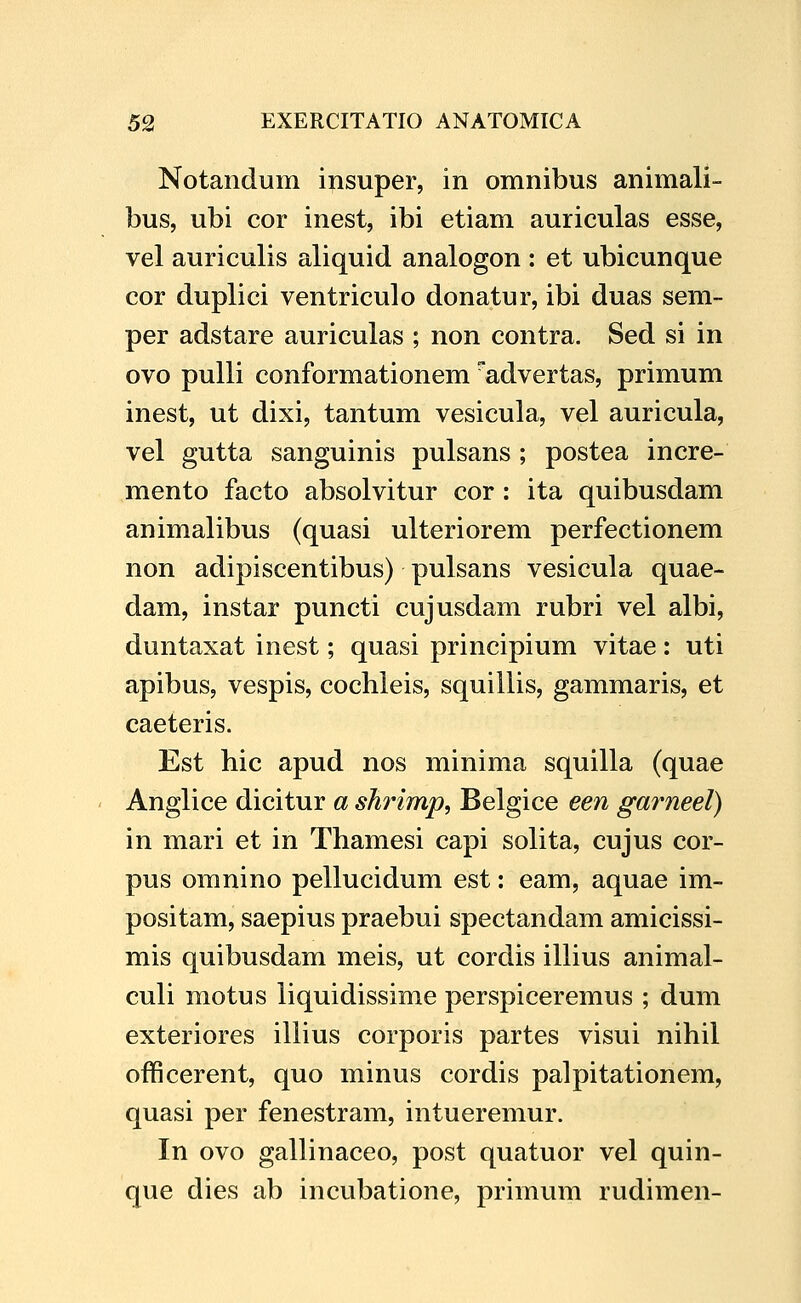 Notandum insuper, in omnibus animali- bus, ubi cor inest, ibi etiam auriculas esse, vel auriculis aliquid analogon : et ubicunque cor duplici ventriculo donatur, ibi duas sem- per adstare auriculas ; non contra. Sed si in ovo pulli conformationem ^advertas, primum inest, ut dixi, tantum vesicula, vel auricula, vel gutta sanguinis pulsans ; postea incre- mento facto absolvitur cor: ita quibusdam animalibus (quasi ulteriorem perfectionem non adipiscentibus) pulsans vesicula quae- dam, instar puncti cujusdam rubri vel albi, duntaxat inest; quasi principium vitae: uti apibus, vespis, cochleis, squillis, gammaris, et caeteris. Est hic apud nos minima squilla (quae Anglice dicitur a shrimp, Belgice een garneel) in mari et in Thamesi capi solita, cujus cor- pus omnino pellucidum est: eam, aquae im- positam, saepius praebui spectandam amicissi- mis quibusdam meis, ut cordis illius animal- culi motus liquidissime perspiceremus ; dum exteriores illius corporis partes visui nihil officerent, quo minus cordis palpitationem, quasi per fenestram, intueremur. In ovo gallinaceo, post quatuor vel quin- que dies ab incubatione, primum rudimen-