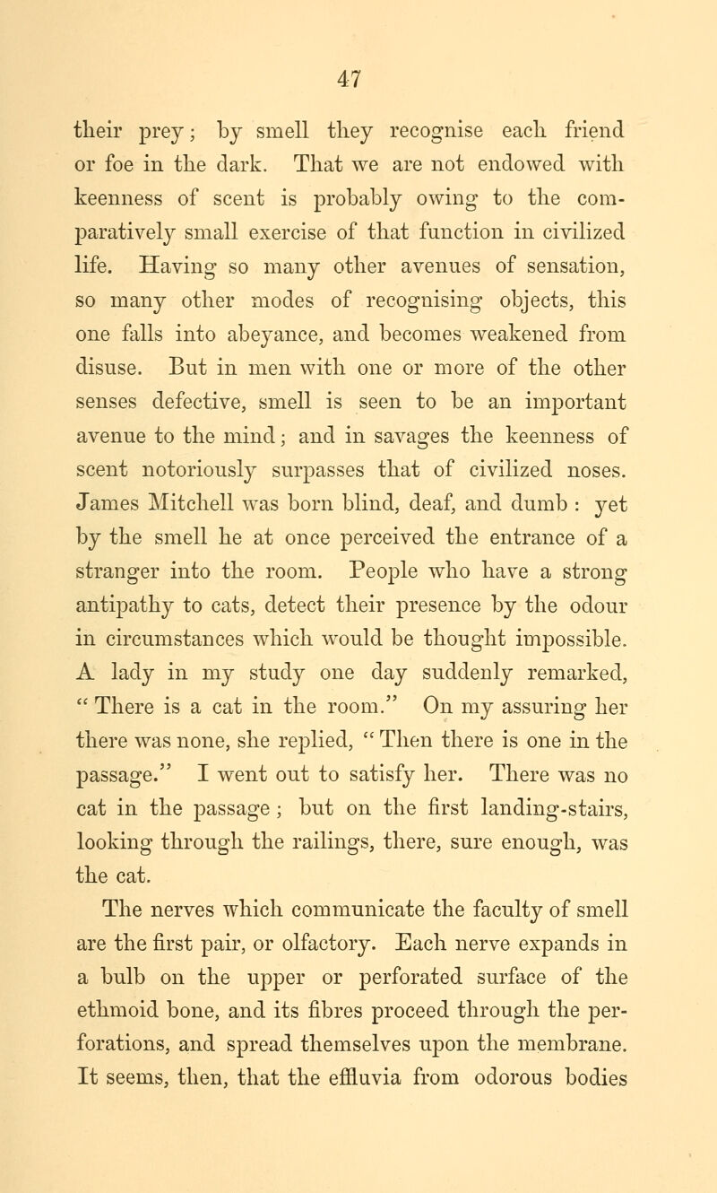 their prey; by smell tliey recognise each friend or foe in the dark. That we are not endowed with keenness of scent is probably owing to the com- paratively small exercise of that function in civilized life. Having so many other avenues of sensation, so many other modes of recognising objects, this one falls into abeyance, and becomes weakened from disuse. But in men with one or more of the other senses defective, smell is seen to be an important avenue to the mind; and in savages the keenness of scent notoriously surpasses that of civilized noses. James Mitchell was born blind, deaf, and dumb : yet by the smell he at once perceived the entrance of a stranger into the room. People who have a strong antipathy to cats, detect their presence by the odour in circumstances which would be thought impossible. A lady in my study one day suddenly remarked,  There is a cat in the room. On my assuring her there was none, she replied,  Then there is one in the passage. I went out to satisfy her. There was no cat in the passage; but on the first landing-stairs, looking through the railings, there, sure enough, was the cat. The nerves which communicate the faculty of smell are the first pair, or olfactory. Each nerve expands in a bulb on the upper or perforated surface of the ethmoid bone, and its fibres proceed through the per- forations, and spread themselves upon the membrane. It seems, then, that the efl9.uvia from odorous bodies