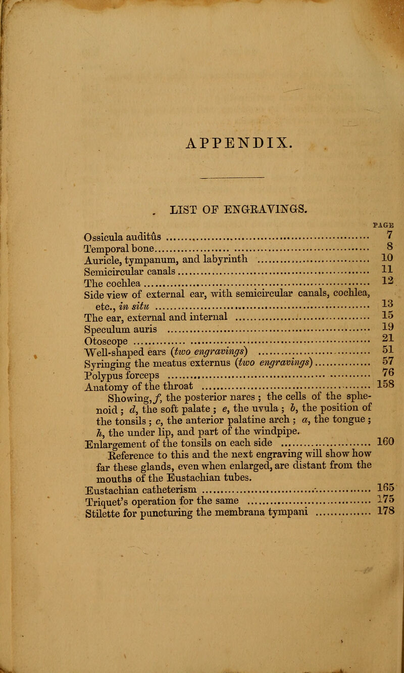 APPENDIX. . LIST OF ENG-RAVINGS. PAGE O ssicula auditus 7 Temporal bone 8 Auricle, tympanum, and labyrinth 10 Semicircular canals H The cochlea 12 Side view of external ear, with semicircular canals, cochlea, etc., in situ 13 The ear, external and internal 15 Speculum auris •• 19 Otoscope • 21 Well-shaped ears (two engravings) 51 Syringing the meatus externus (two engravings) 57 Polypus forceps 76 Anatomy of the throat 158 Showing,/, the posterior nares ; the cells of the sphe- noid ; d, the soft palate ; e, the uvula ; b, the position of the tonsils ; c, the anterior palatine arch ; a, the tongue ; h, the under lip, and part of the windpipe. Enlargement of the tonsils on each side 160 Reference to this and the next engraving will show how far these glands, even when enlarged, are distant from the mouths of the Eustachian tubes. Eustachian catheterism - 165 Triquet's operation for the same 175 Stilette for puncturing the membrana tympani 178
