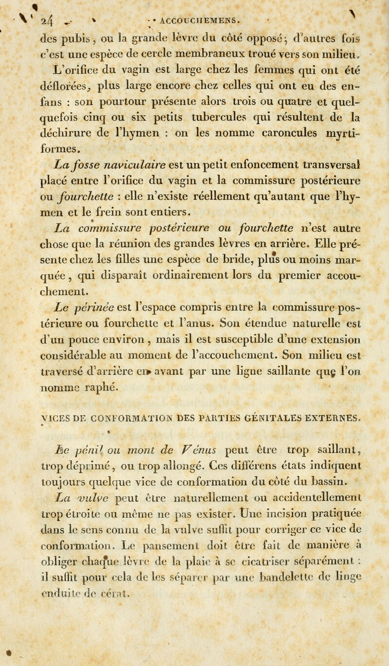 des pubis, ou la grande lèvre du côté opposé^ d'autres fois c'est une espèce de cercle membraneux troué vers son milieu, L'orifice du vagin est large chez les femmes qui ont été déflorées^, plus large encore chez celles qui ont eu des en- fans : son pourtour présente alors trois ou quatre et quel- quefois cinq ou six petits tubercules qui résultent de la déchirure de l'hymen : on les nomme caroncules myrti-= formes. La fosse naviculaire est un petit enfoncement transversal placé entre l'orifice du vagin et la commissure postérieure ou fourchette : elle n'existe réellement qu'autant que l'hy- men et le frein sont entiers. La commissure postérieure ou fourchette n'est autre chose que la réunion des grandes lèvres en arrière. Elle pré- sente chez les filles une espèce de bride, plus ou moins mar- quée , qui disparait ordinairement lors du premier accou- chement. Le jyéîinée est l'espace compris entre la commissure pos- térieure ou fourchette et l'anus. Son étendue naturelle est d'un pouce environ, mais il est susceptible d'une extension considérable au moment de l'accouchement. Son milieu est traversé d'arrière ei> avant par une ligne saillante quç l'on nomme raphé. VICES DE CONFORMATION DES PARTIES GÉNITALES EXTERNES. « Èe pénil ou mont de Vénus peut être trop saillant, trop déprimé, ou trop allongé. Ces différens états indiquent toujours quelque vice de conformation du côté du bassin. La vulue peut être naturellement ou accidentellement trop étroite ou même ne pas exister. Une incision pratiquée dans le sens connu de la vulve suffit pour corriger ce vice de conformation. Le pansement doit être fait de manière à obliger chacune lèvre de la plaie à se cicatriser séparément ; il suffit pour cela de les séparer par une bandelette de linge enduite de cérat.