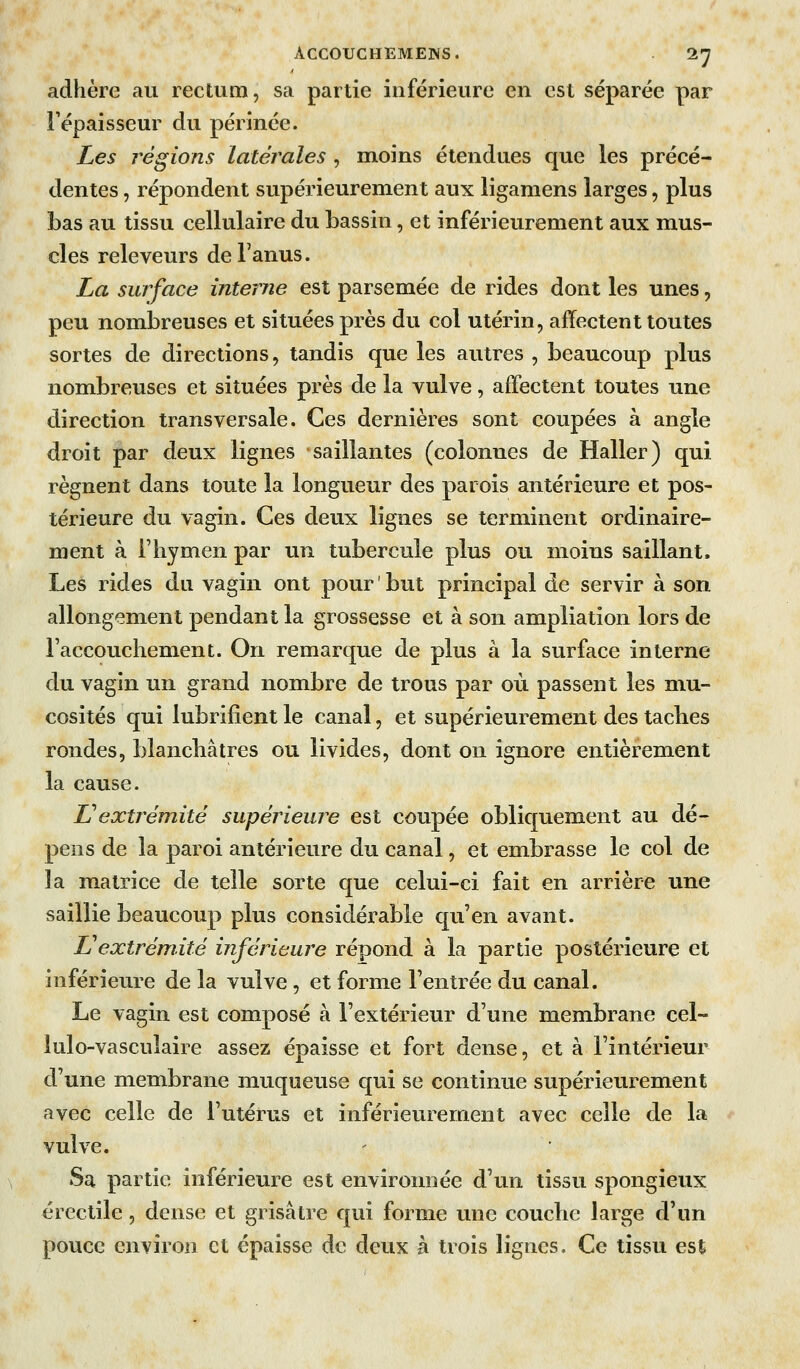 adhère au rectum, sa partie inférieure en est séparée par l'épaisseur du périnée. Les régions latérales , moins étendues que les précé- dentes , répondent supérieurement aux ligamens larges, plus Las au tissu cellulaire du bassin, et inférieurement aux mus- cles releveurs de l'anus. La surface interne est parsemée de rides dont les unes, peu nombreuses et situées près du col utérin, affectent toutes sortes de directions, tandis que les autres , beaucoup plus nombreuses et situées près de la vulve, affectent toutes une direction transversale. Ces dernières sont coupées à angle droit par deux lignes saillantes (colonnes de Haller) qui régnent dans toute la longueur des parois antérieure et pos- térieure du vagin. Ces deux lignes se terminent ordinaire- ment à l'hymen par un tubercule plus ou moins saillant. Les rides du vagin ont pour ' but principal de servir à son allongement pendant la grossesse et à son ampliation lors de l'accouchement. On remarque de plus à la surface interne du vagin un grand nombre de trous par où passent les mu- cosités qui lubrifient le canal, et supérieurement des taches rondes, blanchâtres ou livides, dont on ignore entièrement la cause. Lextrémité supérieure est coupée obliquement au dé- pens de la paroi antérieure du canal, et embrasse le col de la matrice de telle sorte que celui-ci fait en arrière une saillie beaucoup plus considérable c[u'en avant. Vextrémité inférieure répond à la partie postérieure et inférieure de la vulve, et forme l'entrée du canal. Le vagin est composé à l'extérieur d'une membrane cel- lulo-vascuîaire assez épaisse et fort dense, et à l'intérieur d'une membrane muqueuse qui se continue supérieurement avec celle de l'utérus et inférieurement avec celle de la vulve. Sa partie inférieure est environnée d'un tissu spongieux érectile, dense et grisâtre qui forme une couche large d'un pouce environ et épaisse de deux à trois lignes. Ce tissu est