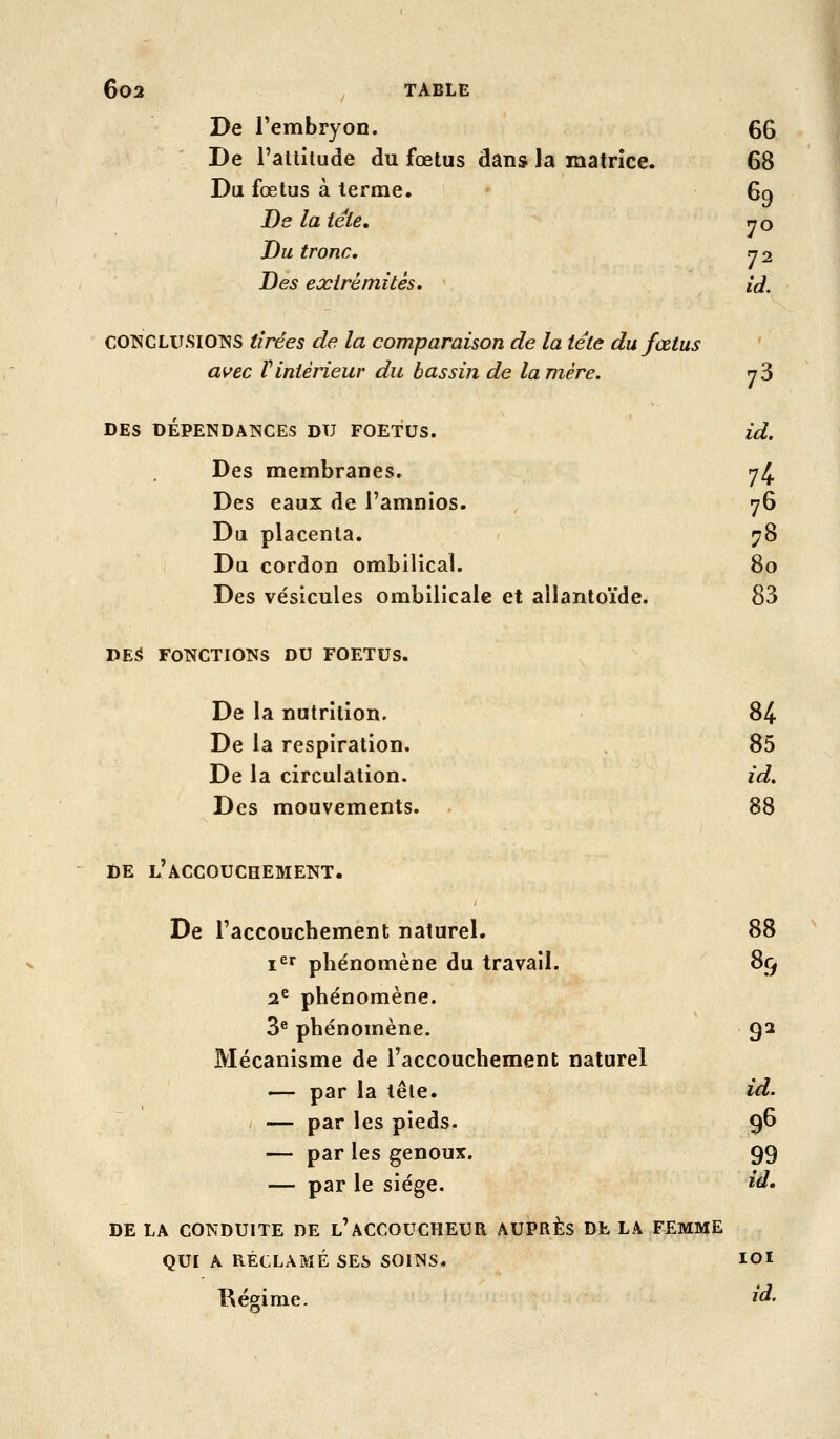 De l'embryon. De l'altitude du fœtus dans la matrice. Du fœtus à terme. De la téie. Du tronc. Des extrémités, CO^'CLU.SIO]SS tirées de la comparaison de la tête du fœtus avec Vintérieur du bassin de la mère. 66 68 % 70 72 id. DES DEPENDATÎCES DU FOETUS. Des membranes. Des eaux de l'amnios. Du placenta. Du cordon ombilical. Des vésicules ombilicale et alîantoïde. id, 76 78 80 83 DES FONCTIONS DU FOETUS. De la nutrition. De la respiration. De la circulation. Des mouvements. 84 85 id. 88 DE L ACCOUCHEMENT. De l'accouchement naturel. i^f phénomène du travail. 2^ phénomène. 3^ phénomène. Mécanisme de l'accouchement naturel — par la tête. — par les pieds. — par les genoux. — par le siège. DE LA CONDUITE DE l'ACCOUCHEUR AUPRÈS DE LA FEMME QUI A RÉCLAMÉ SE& SOINS. Régime. 88 89 id. 99 id. ICI