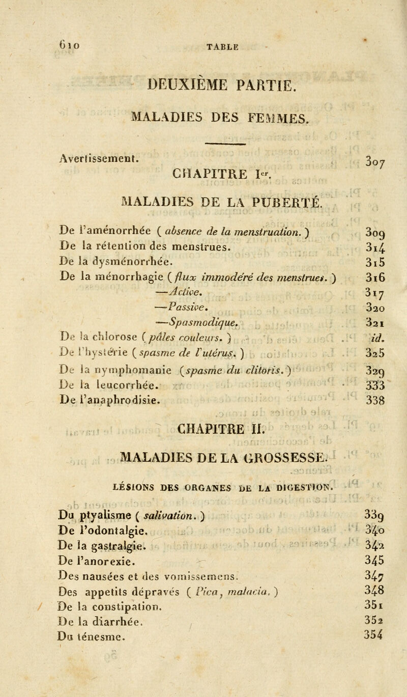 6lO TABLE DEUXIEME PARTIE. MALADIES DES FEMMES. Avertissement. CHAPITRE I-. MALADIES DE LA PUBERTÉ. 3o7 De l'aménorrhée ( absence de la menstruation. ) 809 De la rétention des menstrues. 3i4 De la dysménorrhée. 3i5 De la ménorrhagie {flux immodéré des menstrues. ) 3i6 —Active, 317 —Passive. 320 —Spasmodique. 321 Dii \'à chlorose: (pâles couleurs,) , id. De rhystérie {^spasme de Vutérus, ) , 325 De la nymphomanie (^spasme du clitoris.') 329 De la leucorrhée. 333 De i'anaphrodisie. 338 CHAPITRE II. MALADIES DE LA GROSSESSE. LÉSIONS DES ORGANES DE LA DIGESTION. Du ptyalisme ( saliifation. ) 339 De Podontalgie. 34o De ia gastralgie. 34^ De l'anorexie. 345 Des nausées et des vomissemens. 34^ Des appétits dépravés { Pica^ malacia,) 348 De la constipation. 351 De la diarrhée. 352 Du ténesme. 354