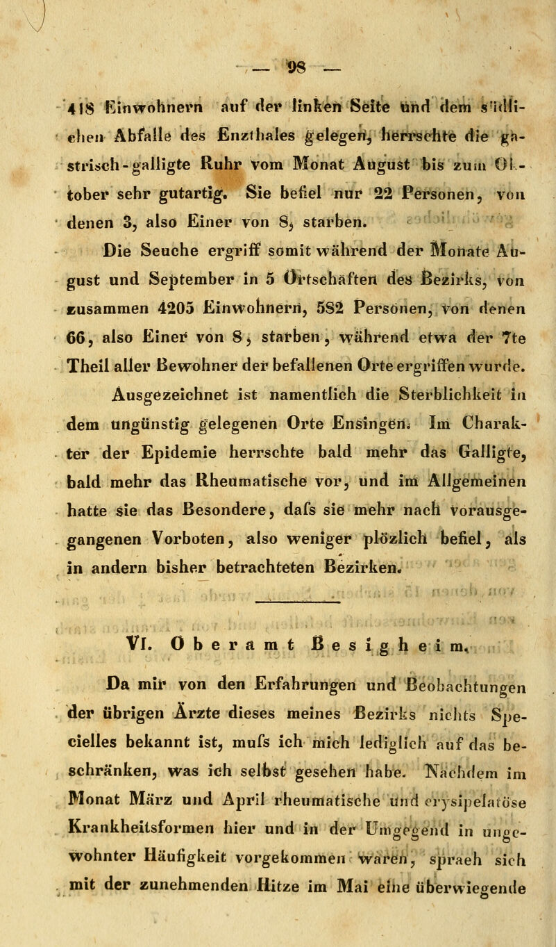 418 Einvrohnern auf ilei» linken Sfelte tehd H*^ k^uMi- ' che» Abfalle des Enzfhales gelegeri, hör^i^ehte die gh- strisch-galligte Ruhr Vom Monat August bis zum 01.- tober sehr gutartig. Sie befiel nur 22 Personen j von denen 3, also Einer von 8^ starben. Die Seuche ergriff somit während der Moilate Au- gust und SejDtember in 5 Öftschäfteil des Bezirks, von zusammen 4205 Einwolmerri, 5S2 Personen, von denen 66, also Einei* von 8j starben, während etwa der 7te Theil aller Bewohner der befallenen Orte ergriffen wurde. Ausgezeichnet ist namentlich die Sterblichkeit in dem ungünstig gelegenen Orte Ensing^rii Im Charak- ' ter der Epidemie herrschte bald mehr das Galligte, bald mehr das Rheumatische vor, und ini Aligemeinen hatte sie das Besondere, dafs sie mehr nach Vorausge- . gangenen Vorboten, also weniger plözlich befiel, als in andern bisher betrachteten Bezirken. Vi. O b e r a m t B e s i g h e i m^ Da mir von den Erfahrungen und Beobachtungen . der übrigen Ärzte dieses meines Bezirks nichts Sue- cielles bekannt ist, mufs ich mich lediglich auf das be- schränken, was ich selbst gesehen habe. Nachdem im Monat März und April rheumatische Und er) sipelatöse Krankheitsformen hier und in der umgehend in unge- wohnter Häufigkeit vorgekommen waren, sprach sich mit der zunehmenden Hitze im Mai eine überwiegende