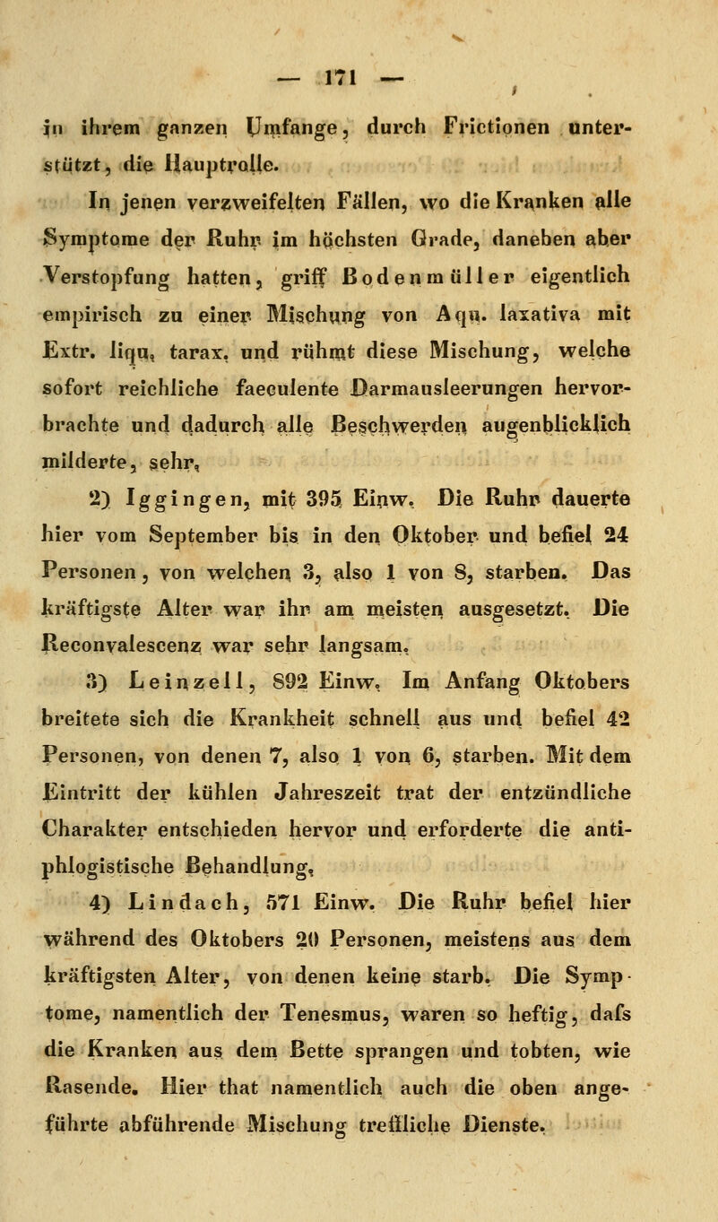 - ''» - iu ihrem ganzen Umfange, durch Frictionen unter- stützt, die Hauptrolle. In jenen verzweifelten Fällen, wo die Kranken fiUe Symptome der Ruhr im höchsten Grade, daneben aber Verstopfung hatten, gi'iff ßodenmüller eigentlich empirisch zu einer Mischung von Aqiv laxativa mit Extr. liqu, tarax, und rühmt diese Mischung, welche sofort reichliche faeculente Darmausleerungen hervor- brachte und dadurch alle Beschwerden augenblicklich milderte, sehr, 2) Iggingen, mit 395 Einw, Die Ruhr» dauerte hier vom September bis in den Oktober und befie{ 24 Personen, von welphen 3, also 1 von S, starben. Das kräftigste Alter war ihr am meisten ausgesetzt. Die Peconvalescenz war sehr langsam. 3) L e i n z e 11, 892 Einw, Im Anfang Oktobers breitete sich die Krankheit schnell aus und befiel 42 Personen, von denen 7, also 1 von 6, starben. Mit dem Eintritt der kühlen Jahreszeit trat der entzündliche Charakter entschieden hervor und erforderte die anti- phlogistische Behandlung, 4) Lindach, 571 Einw. Die Ruhr befiel hier während des Oktobers 20 Personen, meistens aus dem kräftigsten Alter, von denen keine starb. Die Symp tome, namentlich der Tenesmus, waren so heftig, dafs die Kranken aus dem Bette sprangen und tobten, wie Rasende. Hier that namentlich auch die oben ange* führte abführende Mischung treffliche Dienste.