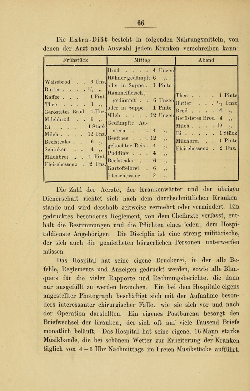 Die Extra-Diät besteht in folgenden Nahrungsmitteln, von denen der Arzt nach Auswahl jedem Kranken verschreiben kann: Frühstück Weissbrod . . 6 Unz. Va m Kafi'ee .... 1 Pint. Thee .... 1 Geröstetes Brod 4.Unz. Milchbrod . . 6 „ Ei 1 Stück Milch .... 12 Unz. Beefsteaks . . 6 „ Schinken . . 4 „ Milchbrei , . .1 Pint. Fleischessenz . 2 Unz. Mittag Abend Brod .... 4 Unzen Hühner gedämpft 6 „ oder in Suppe . 1 Pinte Hammelfleisch, Thee .... 1 Pinte gedämpft . . 6 Unzen Butter . . .' 7, Unze oder in Suppe . 1 Pinte Brod .... 4 „ Milch . . . . 12 Unzen Geröstetes Brod 4 „ Gedämpfte Au- Milch .... 12 „ stern . . . 4 jj Ei 1 Stück Beefthee . . . 12 )! Milchbrei . . 1 Pinte gekochter Reis . 4 j; Fleischessenz . 2 Unz. Pudding . . . 4 )) Beefsteaks . . 6 j) Kartoffelbrei 6 >? Fleischessenz 2 >) Die Zahl der Aerzte, der Krankenwärter und der übrigen Dienerschaft richtet sich nach dem durchschnittlichen Kranken- stande und wird desshalb zeitweise vermehrt oder vermindert. Ein gedrucktes besonderes Reglement, von dem Chefarzte verfasst, ent- hält die Bestimmungen und die Pflichten eines jeden, dem Hospi- taldienste Angehörigen. Die Disciplin ist eine streng militärische, der sich auch die gemietheten bürgerlichen Personen unterwerfen müssen. Das Hospital hat seine eigene Druckerei, in der alle Be- fehle, Reglements und Anzeigen gedruckt werden, sowie alle Blan- quets für die vielen Rapporte und Rechnungsberichte, die dann nur ausgefüllt zu werden brauchen. Ein bei dem Hospitale eigens angestellter Photograph beschäftigt sich mit der Aufnahme beson- ders interessanter chirurgischer Fälle, wie sie sich vor und nach der Operation darstellten. Ein eigenes Postbureau besorgt den Briefwechsel der Kranken, der sich oft auf viele Tausend Briefe monatlich beläuft. Das Hospital hat seine eigene, 16 Mann starke Musikbande, die bei schönem Wetter zur Erheiterung der Kranken täglich von 4 — 6 Uhr Nachmittags im Freien Musikstücke aufführt.