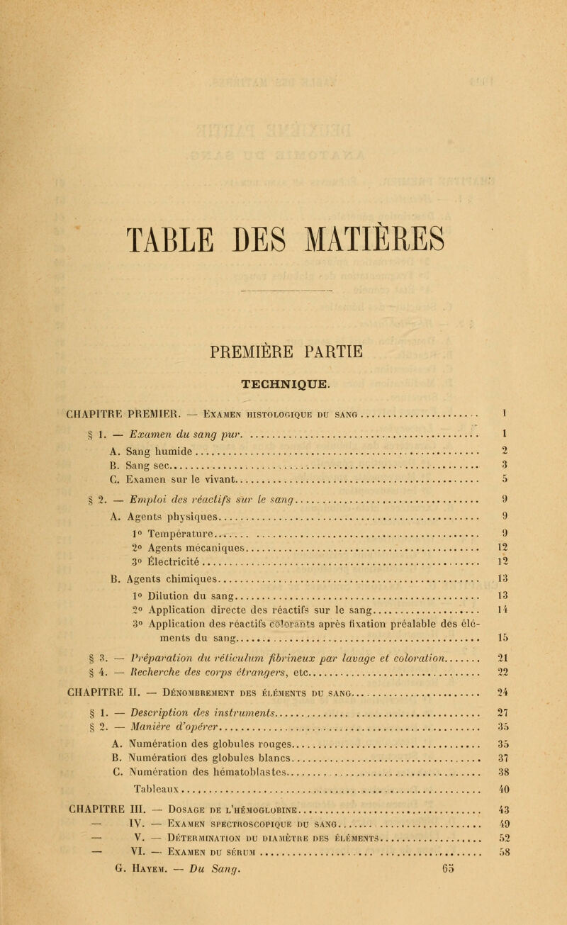 TABLE DES MATIÈRES PREMIERE PARTIE TECHNIQUE. CHAPITRE PREMIER. — Examen histologique du sang 1 § 1. — Examen du sang pur •. 1 A. Sang humide 2 B. Sang sec 3 G. Examen sur le vivant 5 §2. — Emploi des réactifs sur le sang 9 A. Agents physiques 9 1 ° Température 9 2° Agents mécaniques 12 3° Électricité 12 B. Agents chimiques 13 1° Dilution du sang 13 2° Application directe des réactifs sur le sang 14 3° Application des réactifs colorants après fixation préalable des élé- ments du sang 15 § 3. — Préparation du réticulum fibrineux par lavage et coloration 21 § 4. — Recherche des corps étrangers, etc 22 CHAPITRE II. — DÉNOMBREMENT DES ÉLÉMENTS DU SANG 24 § 1. — Description des instruments 27 § 2. — Manière d'opérer 35 A. Numération des globules rouges 35 B. Numération des globules blancs 37 C. Numération des hématoblastcs 38 Tableaux - 40 CHAPITRE III. — Dosage de l'hémoglobine 43 — IV. — Examen spectroscopique du sang 49 — V. — Détermination du diamètre des éléments 52 — VI. — Examen du sérum 58