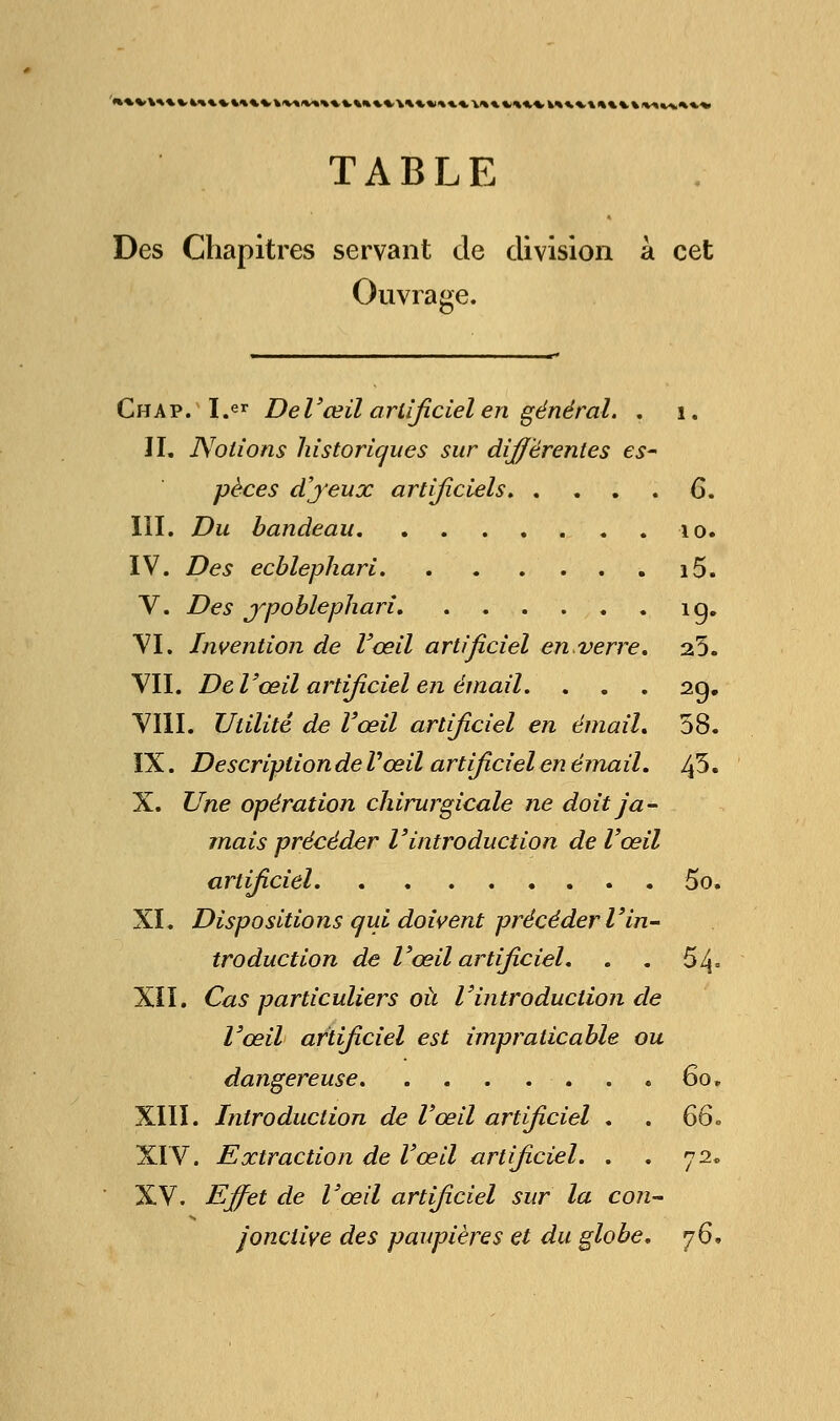 i*vv*»vfc'»*vvi«.v^x^-.-»»v<à.i»» y*«.*•»<.«. i*«.v-\«.vmvv*uit^^M» TABLE Des Chapitres servant de division à cet Ouvrage. Chap. I.er DeVœil artificiel en général. . i. II. Notions historiques sur différentes es' pèces d'yeux artificiels G. III. Du bandeau 10. IV. Des ecblephari i5. V. Des ypoblephari iq. VI. Invention de l'œil artificiel en verre, 25. VII. DeVœil artificiel en émail. . . . 29. VIII. Utilité de l'œil artificiel en émail. 58. IX. Description de Vœil artificiel en émail. Ifi. X. Une opération chirurgicale ne doit ja- mais précéder l'introduction de l'œil artificiel 5o. XI. Dispositions qui doivent précéder l'in- troduction de l'œil artificiel. . . 54» XII. Cas particuliers où l'introduction de l'œil artificiel est impraticable ou dangereuse . « 60. XIII. Introduction de l'œil artificiel . . 66. XIV. Extraction de l'œil artificiel. . . 72. XV. Effet de l'œil artificiel sur la con- jonctive des paupières et du globe. j6.