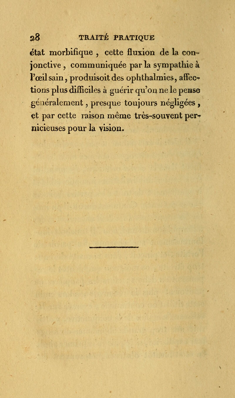 état morbifique , cette fluxion de la con- jonctive y communiquée parla sympathie à l'œil sain, produisoit des ophthalmies, affec^ tions plus difficiles à guérir qu'on ne le pense généralement ? presque toujours négligées , et par cette raison même très-souvent per-> nicieuses pour la vision.