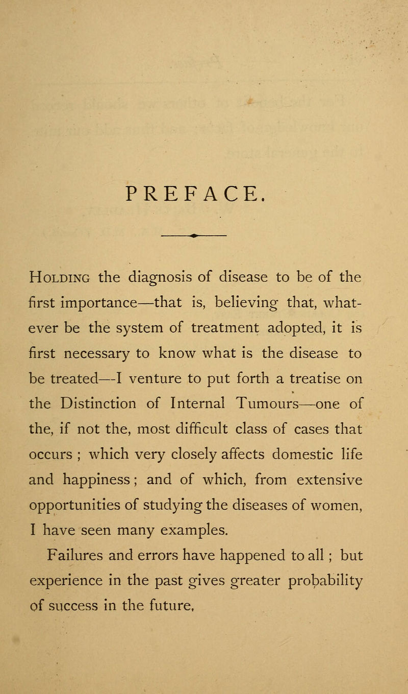 PREFACE Holding the diagnosis of disease to be of the first importance—that is, believing that, what- ever be the system of treatment adopted, it is first necessary to know what is the disease to be treated—I venture to put forth a treatise on the Distinction of Internal Tumours—one of the, if not the, most difficult class of cases that occurs ; which very closely affects domestic life and happiness; and of which, from extensive opportunities of studying the diseases of women, I have seen many examples. Failures and errors have happened to all ; but experience in the past gives greater probability of success in the future,