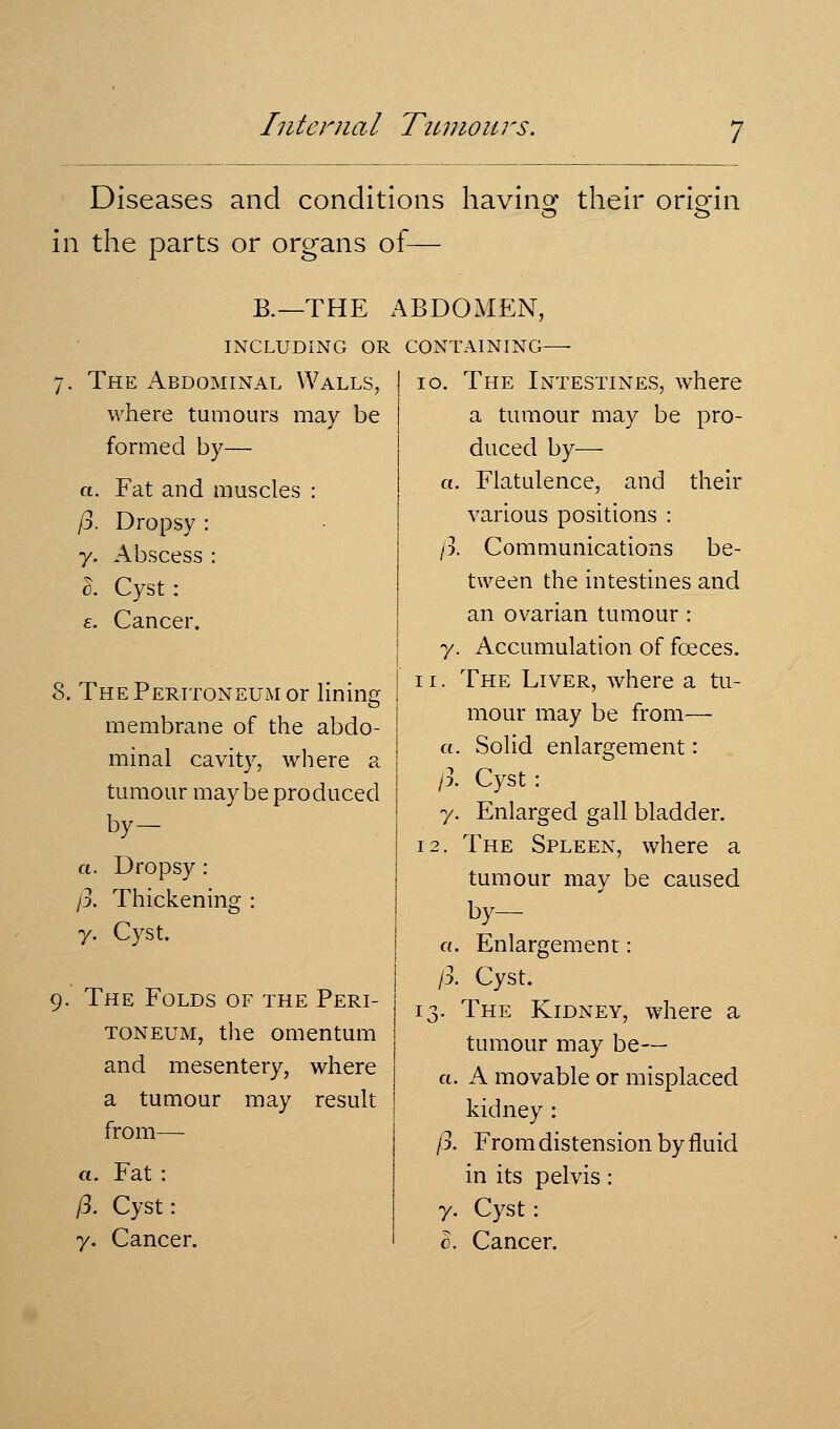 Diseases and conditions havinof their orio-in in the parts or organs of— B.—THE including or 7. The Abdominal Walls, where tumours may be formed by— a. Fat and muscles : /3. Dropsy : 7. Abscess : I. Cyst: £. Cancer. 8. The Peritoneum or lining membrane of the abdo- minal cavity, where a tumour maybe produced by- a. Dropsy : /3. Thickening : y. Cyst. 9. The Folds of the Peri- toneum, the omentum and mesentery, where a tumour may result from— a. Fat: /3. Cyst: y. Cancer. ABDOMEN, CONTAINING—• 10. The Intestines, where a tumour may be pro- duced by— a. Flatulence, and their various positions : /3. Communications be- tween the intestines and an ovarian tumour : y. Accumulation of foeces. 11. The Liver, where a tu- mour may be from— a. Solid enlargement: /3. Cyst: y. Enlarged gall bladder. 12. The Spleen, where a tumour may be caused by- a. Enlargement: /3. Cyst. 13. The Kidney, where a tumour may be— a. A movable or misplaced kidney : /3. From distension by fluid in its pelvis: y. Cyst: 0. Cancer.