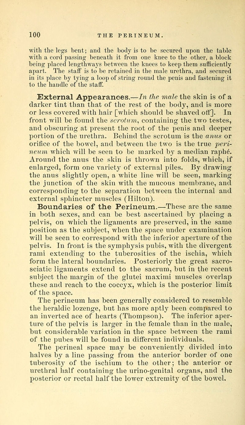 with the legs bent; and the body is to be secured upon the table with a cord passing beneath it from one knee to the other, a block being placed lengthways between the knees to keep them sufficiently apart. The staff is to be retained in the male urethra, and secured in its place by tying a loop of string round the penis and fastening it to the handle of the staff. External Appearances.—In the male the skin is of a darker tint than that of the rest of the body, and is more or less covered with hair [which should be shaved off]. In front will be found the scrotum^ containing the two testes, and obscuring at present the root of the penis and deeper portion of the urethra. Behind the scrotum is the anus or orifice of the bowel, and between the two is the true pe7'i- neum which will be seen to be marked by a median raphe. Around the anus the skin is thrown into folds, which, if enlarged, form one variety of external piles. By drawing the anus slightly open, a white line will be seen, marking the junction of the skin with the raucous membrane, and corresponding to the separation between the internal and external sphincter muscles (Hilton). Boundaries of the Perineum.—These are the same in both sexes, and can be best ascertained by placing a pelvis, on which the ligaments are preserved, in the same position as the subject, when the space under examination will be seen to correspond with the inferior aperture of the pelvis. In front is the symphysis pubis, with the divergent rami extending to the tuberosities of the ischia, which form the lateral boundaries. Posteriorly the great sacro- sciatic ligaments extend to the sacrum, but in the recent subject the margin of the glutei maximi muscles overlap these and reach to the coccyx, which is the posterior limit of the space. The perineum has been generally considered to resemble the heraldic lozenge, but has more aptly been compared to an inverted ace of hearts (Thompson). The inferior aper- ture of the pelvis is larger in the female than in the male, but considerable variation in the space between the rami of the pubes will be found in different individuals. The perineal space may be conveniently divided into halves by a line passing from the anterior border of one tuberosity of the ischium to the other; the anterior or urethral half containing the urino-genital organs, and the posterior or rectal half the lower extremity of the bowel.