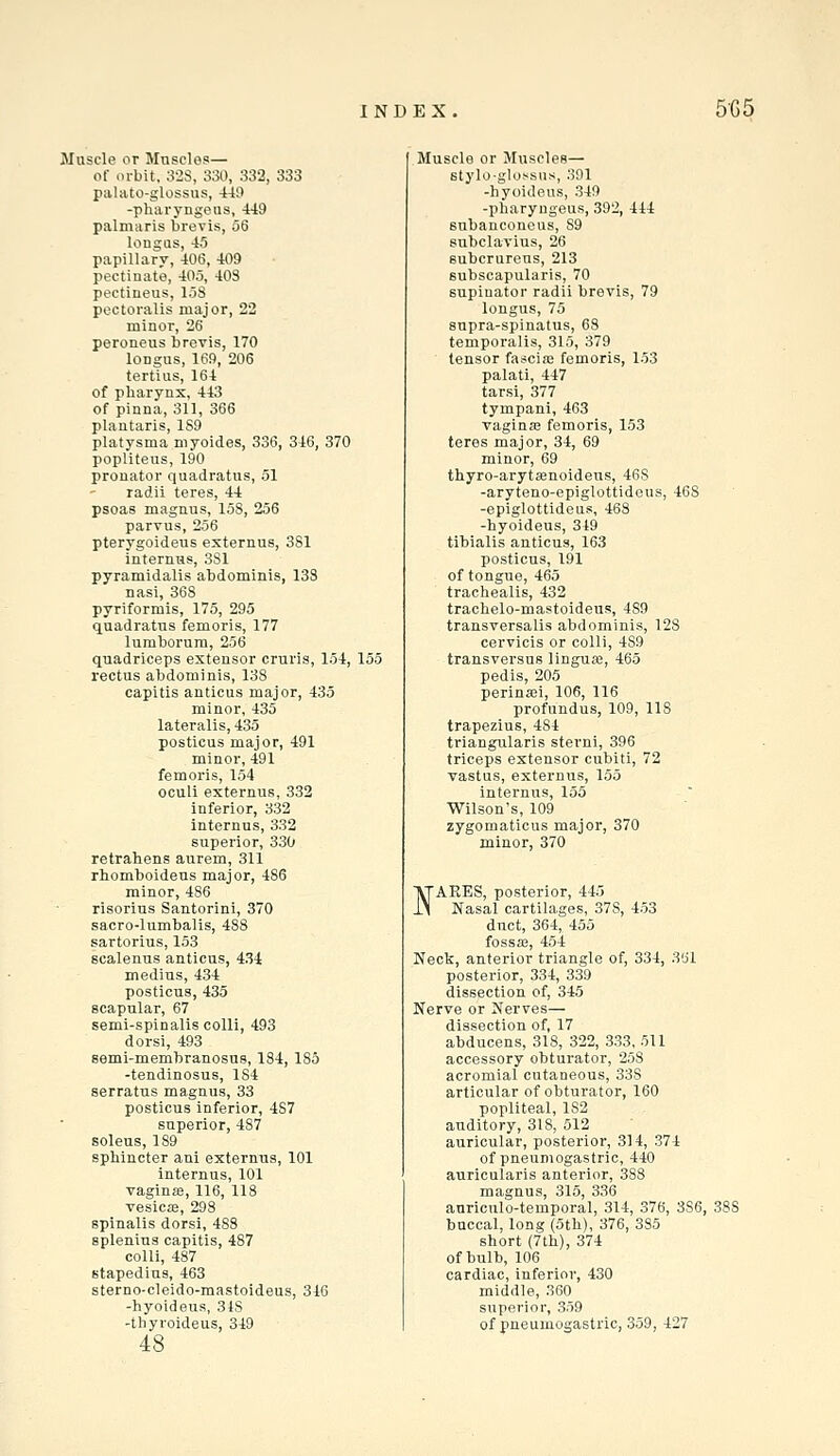 Muscle or Mnscles— of orbit. 32S, 330, 332, 333 palato-glossus, 449 -pharyngeus, 449 palmaris brevis, 56 longQS, 45 papillary, 406, 409 pectinate, 405, 403 pectineus, 158 pectoralls major, 22 minor, 26 peroneus brevis, 170 longus, 169, 206 tertius, 164 of pharynx, 443 of pinna, 311, 366 plantaris, 189 platysma myoides, 336, 346, 370 popliteus, 190 pronator quadratus, 51 radii teres, 44 psoas magnus, 158, 256 parvus, 256 pterygoideus externus, 381 interniis, 381 pyramidalis abdominis, 138 nasi, 368 pyriformis, 175, 295 quadratus femoris, 177 lumborum, 256 quadriceps extensor cruris, 154, 155 rectus abdominis, 138 capitis amicus major, 435 minor, 435 lateralis, 435 posticus major, 491 minor, 491 femoris, 154 oculi externus, 332 inferior, 332 internus, 332 superior, 330 retraliens aurem, 311 rhomboideus major, 486 minor, 486 risorius Santorini, 370 sacro-lumbalis, 488 sartorius, 153 scalenus anticus, 434 medius, 434 posticus, 435 scapular, 67 semi-spinalis colli, 493 dorsi, 493 semi-membranosus, 184, 185 -tendinosus, 184 serratus magnus, 33 posticus inferior, 487 superior, 487 soleus, 189 sphincter ani externus, 101 internus, 101 vagina?, 116, 118 vesicie, 298 spinalis dorsi, 488 splenius capitis, 487 colli, 487 stapedius, 463 sterno-cleido-mastoideus, 346 -hyoideuR, 31S -thyroideus, 349 48 Muscle or Muscles— stylo-glossus, 391 -hyoideus, 349 -pharyngeus, 392, 444 subanconcus, 89 subclavius, 26 subcrureus, 213 subscapularis, 70 supinator radii brevis, 79 longus, 75 supra-spinatus, 68 temporalis, 315, 379 tensor fatscise femoris, 153 palati, 447 tarsi, 377 tympani, 463 vagina; femoris, 153 teres major, 34, 69 minor, 69 thyro-arytcenoideus, 468 -aryteno-epiglottideus, 468 -epiglottidens, 468 -hyoideus, 349 tibialis anticus, 163 posticus, 191 of tongue, 465 trachealis, 432 trachelo-mastoideuR, 489 transversalis abdominis, 128 cervicis or colli, 489 transversus linguas, 465 pedis, 205 perina3i, 106, 116 profundus, 109, 118 trapezius, 484 triangularis sterni, 396 triceps extensor cubiti, 72 vastus, externus, 155 internus, 155 Wilson's, 109 zygomaticus major, 370 minor, 370 NARES, posterior, 445 Nasal cartilages, 378, 453 duct, 364, 455 fossje, 454 Neck, anterior triangle of, 334, 391 posterior, 334, 339 dissection of, 345 Nerve or Nerves— dissection of, 17 abducens, 318, 322, 333, 511 accessory obturator, 258 acromial cutaneous, 338 articular of obturator, 160 popliteal, 182 auditory, 318, 512 auricular, posterior, 314, 374 of pneumogastric, 440 auricularis anterior, 388 magnus, 315, 336 auriculo-temporal, 314, 376, 386, 388 buccal, long (oth), 376, 385 short {7th), 374 of bulb, 106 cardiac, inferior, 430 middle, 360 superior, 359 of pneumogastric, 359, 427