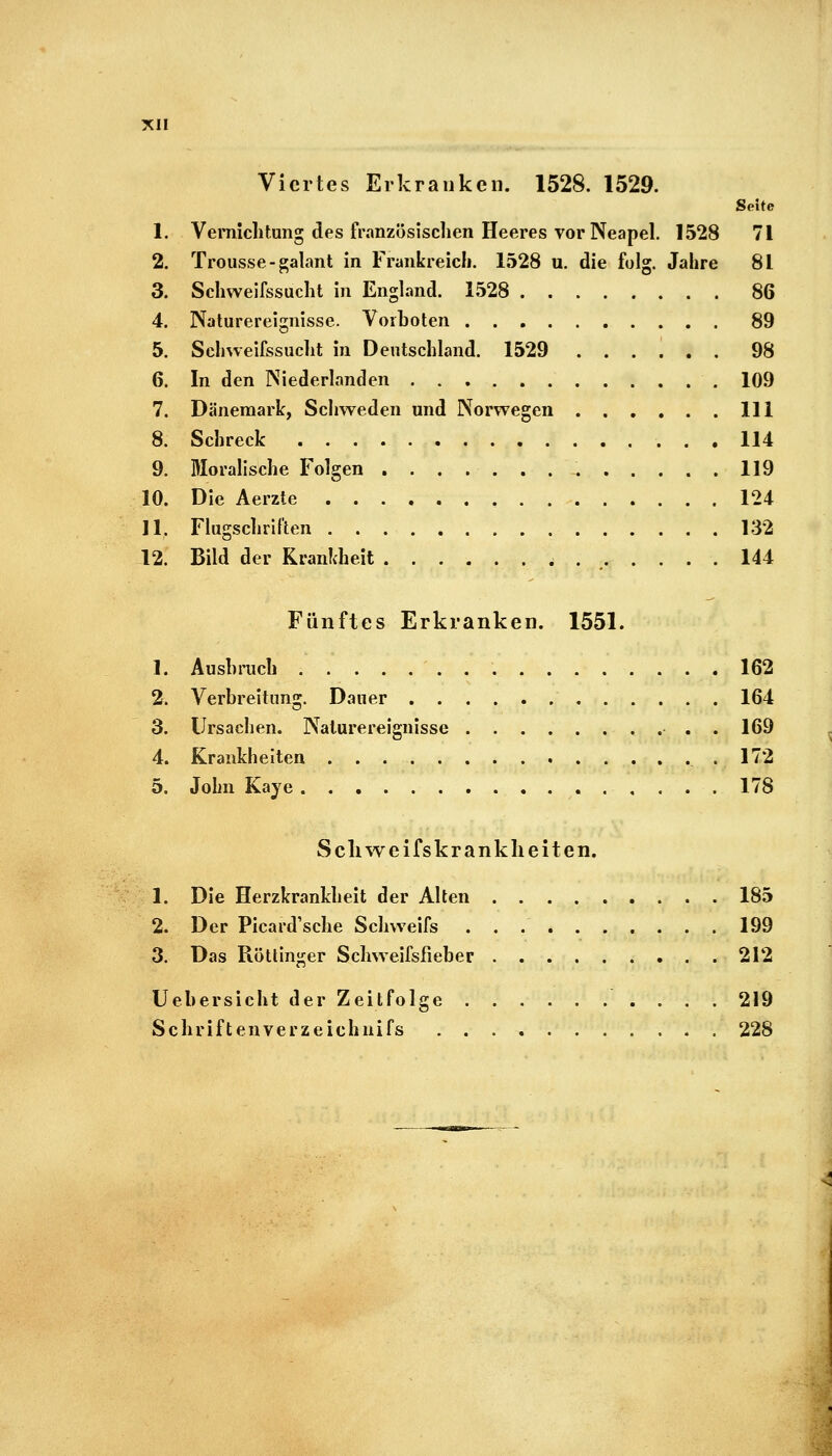 Viertes Erkranken. 1528. 1529. Seite Vernichtung des französischen Heeres vor Neapel. 1528 71 Trousse-galant in Frankreich. 1528 u. die folg. Jahre 81 Schweifssucht in England. 1528 86 Naturereignisse. Vorboten 89 Sehweifssucht in Deutschland. 1529 98 In den Niederlanden 109 Dänemark, Schweden und Norwegen 111 Schreck 114 Moralische Folgen 119 Die Aerzte , 124 Flugschriften 132 Bild der Krankheit , 144 Fünftes Erkranken. 1551. 1. Aushruch 162 2. Verbreitung. Dauer 164 3. Ursachen. Naturereignisse 169 4. Krankheiten .172 5. John Kaye 178 Scliweifskrankheiten. 1. Die Herzkrankheit der Alten 185 2. Der Picard'sche Schweifs 199 3. Das Röttinger Schweifsfieber 212 Uebersicht der Zeitfolge 219 Schriftenverzeichnifs 228