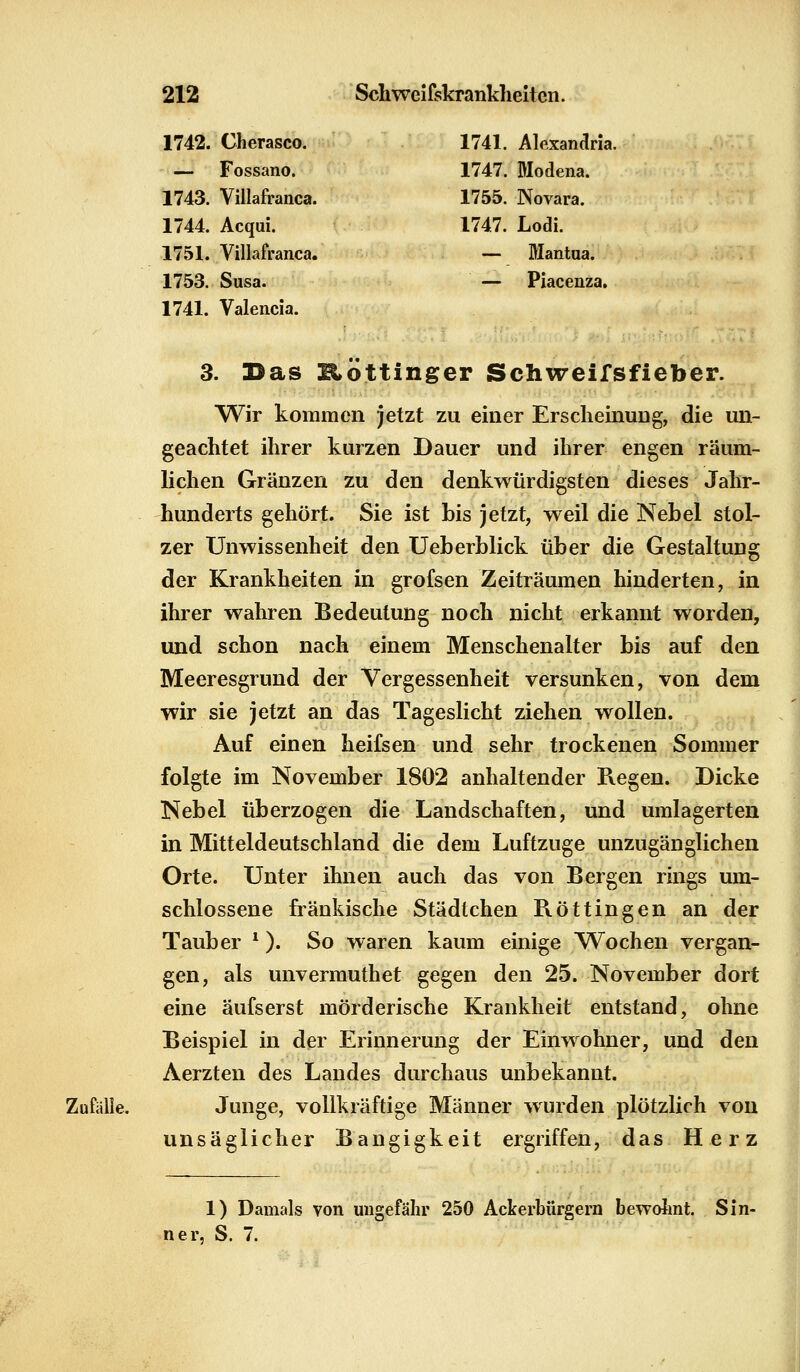 1742. Cherasco. 1741. Alexandria. — Fossano. 1747. Modena. 1743. Villafranca. 1755. Novara. 1744. Acqui. 1747. Lodi. 1751. Villafranca. — ftlantua. 1753. Susa. — Piacenza. 1741. Valencia. 3. Das üöttinger Schweifsfieber. Wir kommen jetzt zu einer Erscheinung, die un- geachtet ihrer kurzen Dauer und ihrer engen räum- lichen Gränzen zu den denkwürdigsten dieses Jahr- hunderts gehört. Sie ist bis jetzt, weil die Nebel stol- zer Unwissenheit den Ueberblick über die Gestaltung der Krankheiten in grofsen Zeiträumen hinderten, in ihrer wahren Bedeutung noch nicht erkannt worden, und schon nach einem Menschenalter bis auf den Meeresgrund der Vergessenheit versunken, von dem wir sie jetzt an das Tageslicht ziehen wollen. Auf einen heifsen und sehr trockenen Sommer folgte im November 1802 anhaltender Regen. Dicke Nebel überzogen die Landschaften, und umlagerten in Mitteldeutschland die dem Luftzüge unzugänglichen Orte. Unter ihnen auch das von Bergen rings um- schlossene fränkische Städtchen Rötungen an der Tauber x). So waren kaum einige Wochen vergan- gen, als unverrauthet gegen den 25. November dort eine äufserst mörderische Krankheit entstand, ohne Beispiel in der Erinnerung der Einwohner, und den Aerzten des Landes durchaus unbekannt. Zufalle. Junge, vollkräftige Männer wurden plötzlich von unsäglicher Bangigkeit ergriffen, das Herz 1) Damals von ungefähr 250 Ackerbürgern bewohnt. Sin- ner, S. 7.