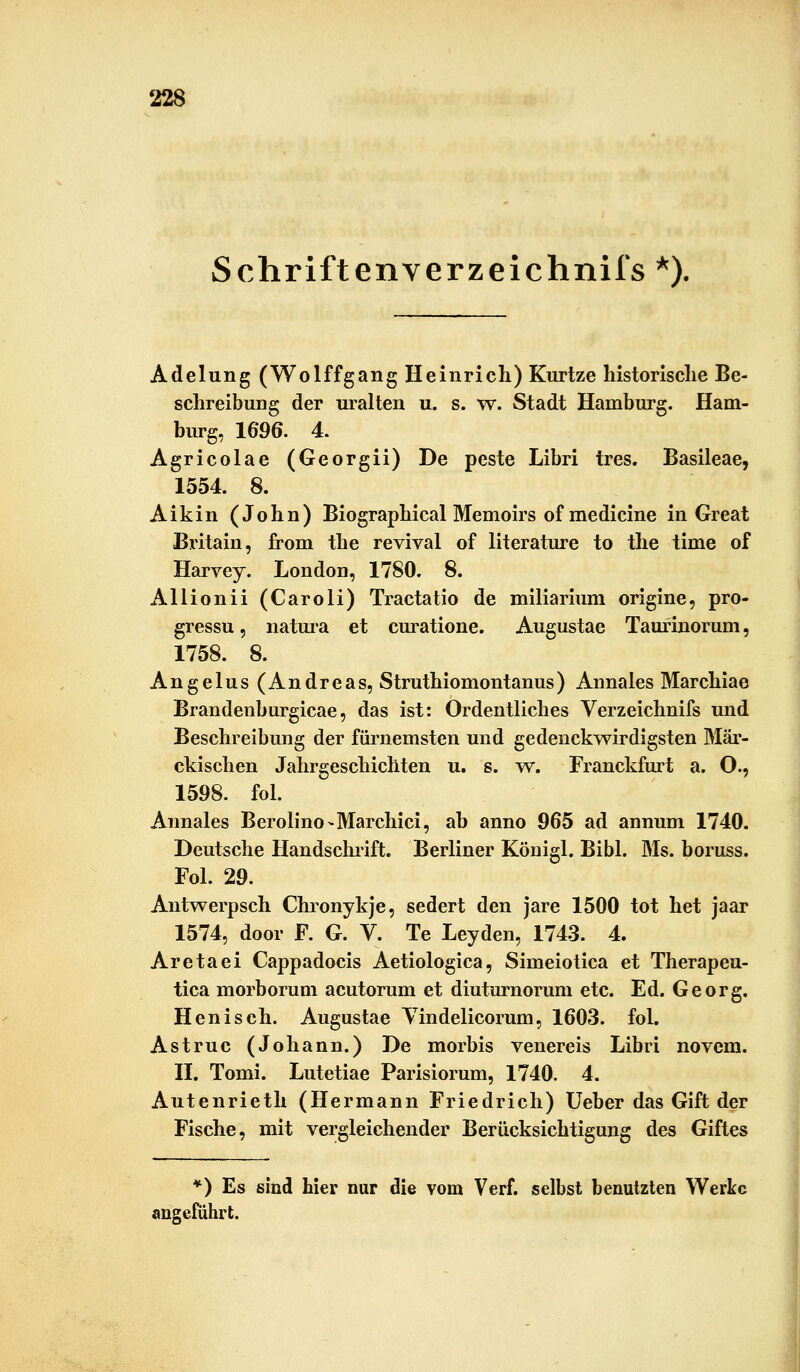 Schriftenverzeichnifs *). Adelung (Wolffgang Heinrich) Kurtze historische Be- schreibung der uralten u. s. w. Stadt Hamburg. Ham- burg, 1696. 4. Agricolae (Georgii) De peste Libri tres. Basileae, 1554. 8. Aikin (John) Biographical Memoirs of medicine in Great Britain, from the revival of literature to the time of Harvey. London, 1780. 8. Allionii (Caroli) Tractatio de miliarium origine, pro- gressu, natura et curatione. Augustae Tauf inorum, 1758. 8. Angelus (Andreas, Struthiomontanus) Annales Marchiae Brandenburgicae, das ist: Ordentliches Verzeichnifs und Beschreibung der fürnemsten und gedenckwirdigsten Mär- ckischen Jahrgeschichten u. s. w. Franckfurt a. O., 1598. fol. Annales Berolino-Marchici, ab anno 965 ad annum 1740. Deutsche Handschrift. Berliner Königl. Bibl. Ms. boruss. Fol. 29. Antwerpsch Chronykje, sedert den jare 1500 tot het jaar 1574, door F. G. V. Te Leyden, 1743. 4. Aretaei Cappadocis Aetiologica, Simeiotica et Therapeu- tica morborum acutorum et diuturnorum etc. Ed. Georg. Henisch. Augustae Vindelicorum, 1603. fol. Astruc (Johann.) De morbis venereis Libri novem. IL Tomi. Lutetiae Parisiorum, 1740. 4. Autenrieth (Hermann Friedrich) Ueber das Gift der Fische, mit vergleichender Berücksichtigung des Giftes *) Es sind hier nur die vom Verf. selbst benutzten Werke angeführt.