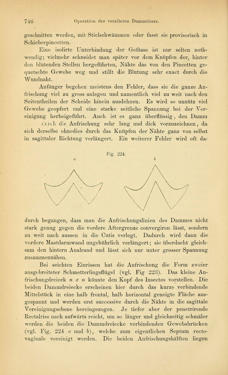i geschnitten werden, mit Stielschwämmen oder fasst sie provisorisch in Schieberpincetten. Eine isolirte Unterbindung der Gefässe ist nur selten noth- wendig; vielmehr schneidet man später vor dem Knüpfen der, hinter den blutenden Stellen hergeführten, Nähte das von den Pincetten ge- quetschte Gewebe weg und stillt die Blutung sehr exact durch die Wundnaht. Anfänger begehen meistens den Fehler, dass sie die ganze An- frischung viel zu gross anlegen und namentlich viel zu weit nach den Seitentheilen der Scheide hinein ausdehnen. Es wird so unnütz viel Gewebe geopfert und eine starke seitliche Spannung bei der Ver- einigung herbeigeführt. Auch ist es ganz überflüssig, den Damm cvich die Anfrischung sehr lang und dick vorzuzeichnen, da sich derselbe ohnedies durch das Knüpfen der Nähte ganz von selbst in sagittaler Richtung verlängert. Ein weiterer Fehler wird oft da- Fig. 224. durch begangen, dass man die Anfrischungslinien des Dammes nicht stark genug gegen die vordere Aftergrenze convergiren lässt, sondern zu weit nach aussen in die Cutis verlegt. Dadurch wird dann die vordere Mastdarmwand ungebührlich verlängert 5 sie überdacht gleich- sam den hintern Analrand und lässt sich nur unter grosser Spannung zusammennähen. Bei seichten Einrissen hat die Anfrischung die Form zweier ausgebreiteter Schmetterlingsflügel (vgl. Fig 223). Das kleine An- frischungdreieck n x n könnte den Kopf des Insectes vorstellen. Die beiden Dammdreiecke erscheinen hier durch das kurze verbindende Mittelstück in eine halb frontal, halb horizontal geneigte Fläche aus- gespannt und werden erst successive durch die Nähte in die sagittale Vereinigungsebene hereingezogen. Je tiefer aber der penetrirende Rectalriss nach aufwärts reicht, um so länger und gleichzeitig schmäler werden die beiden die Dammdreiecke verbindenden Gewebsbrücken (vgl. Fig. 224 a und b), welche zum eigentlichen Septum recto- vaginale vereinigt werden. Die beiden Anfrischungshälften liegen