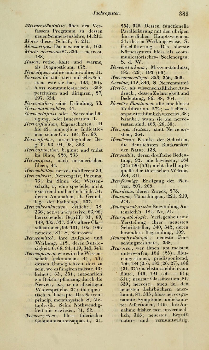 Missverständnisse über des Ver- fassers Programm zu dessen neuenSchmerzenslehre, 14,211. Motiv dieser Schrift, 7, 211. Moosarliges Darmexcrement, 162. Morbi nervorum 87,336, — nervosi, 188. Nasen, rothe, kalte und warme, als Diagnosticum, 172. Neuralgien, wahre und unwahre, 11. Nerven, die stärksten und schwäch- sten, war sie hat, 193, (66). bloss communicatorisch , 354$ percipiren und dirigiren, 27, 197, 354. Nervenälher, seine Erfindung, 73. NervenatmoSphäre, 41. Nerveneinßuss oder Nervenbethä- tigung, oder Innervation, 1. Nerve/ißuidum, Eigenschaften , 41 bis 42 5 unmögliche Indicatio- nen seiner Cur, 194. Nr. 68. Nervenfieber, ursprünglicher Be- griff, 93. 94, 98, 363. Nervenfunction, beginnt und endet im Blute, 228,\233. Nervengeist, nach mesmerischen Ideen, 44. Nervenhüllen nervös indifferent 39, Nervenkraft, Nervengeist, Pneuma, 73 ; im Sinne der Wissen- schaft, 1; eine specielle, nicht existirend und entbehrlich, 34; deren Anomalien, als Grund- lage der Pathologie, 237. Nervenkrankheiten, ördiche, 78, 336; active und passive, 83,98; herrschender Begriff, 81 , 89, 148, 335, 337, 350; ältere Clas- sificationen, 99, 101, 105, 106; neueste, 81. S. Neurosen. Nervenmittel, ihre Aufgabe und Wirkung, 112; deren Nutzlo- sigkeit, 6, 68, 94, 119,345,347. Nervenprineip, wie es in die Wissen- schaft gekommen, 44, 73; dessen Unmöglichkeit dort zu sein, wo esfungiren müsste, 43; keines , 33 , 351; entbehrlich zur Rcizforlpflauzung durch die Nerven, 55; seine allseitigen Widersprüche, 37; therapeu- tisch, s. Therapie. DasNerven- prineip, metaphysisch. S. Me- taphysik. Seine Notwendig- keit nie erwiesen, 71, 92. Nervensystem, bloss ihierischer Communicalionsapparat, 21, 254, 345. Dessen functionellc Parallelisirung mit den übrigen körperlichen Hauptsystemen, 34; dessen Wirkungsweise, S. Erschütterung. Das oberste Körpersystem bloss als »com- municatorisches« Seelenorgan. S. d. w. Nej-venstärkung, Missverständniss, 185, (29)) 193 (66). Nervenvermögen, 353, 356, 366. Nervina, 112, 346. S. Nervenmittel. Nervös, als wissenschaftlicher Aus- druck ; dessen Zulässigkeit und Bedeutung, 86, 88, 364. Nervöse Functionen, alle eine blosse Modification, 272 ; — Lebens- organe irrthümlich viererlei, 38; Kranke, wann sie am nervö- sesten sind, 185, (28, 30). Nervöses System , statt Nervensy- stem, 364. Nervöseste Kranke der Schriften, die deutlichsten Blutkranken der Natur, 138. Nervosität, deren dreifache Bedeu- tung, 92; nie bewiesen, 184 (24) 196 (73); nicht die Haupt- quelle der thierischen Warme, 284, 311. Netzförmige Endigung der Ner- ven, 207, 208. Neurileme, deren Zweck, 273. Neurome, Täuschungen, 221, 219, 274. Neuroparalytischc Entzündung Au- tenrieth's, 184. Nr. 24. Neuropathologie, Verlegenheit und Verstellung ihrer neuesten Schriftsteller, 340, 342; deren besondere Begründung, 109. Neurophysiologie, neueste For- schungsres ultate, 338. Neurosen, wer ihnen am meisten unterworfen, 184 (25) ; Blut- congestionen, prädisponirend, 156,184 (25), 185 (26, 27), 186 (31, 37) ; nächstursächlich vom Blute, 146, 191 (56 — 61), 311; neueste Classification, 81, 339; nervöse, auch in den neuesten Lehrbüchern aner- kannt, 81, 335 ; bloss nervös ge- nannte Symptome unbekann- ter Affeclionen, 146; ihre An- nahme bisher fast un>cnneid- lich, 343; neuester Begüiffj nalur- und vernunftwidrig.