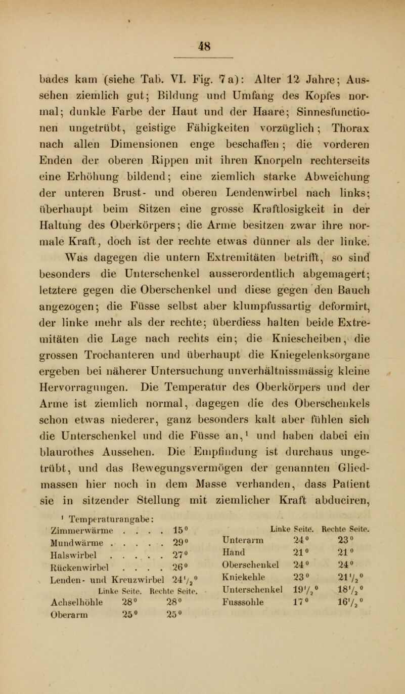 bades kam (siehe Tab. VI. Fig. 7a): Alter 12 Jahre; Aus- sehen ziemlich gut; Bildung und Umfang des Kopfes nor- mal; dunkle Farbe der Haut und der Haare; Sinnesfunctio- nen ungetrübt, geistige Fähigkeiten vorzüglich; Thorax nach allen Dimensionen enge beschaffen ; die vorderen Enden der oberen Rippen mit ihren Knorpeln rechterseits eine Erhöhung bildend; eine ziemlich starke Abweichung der unteren Brust- und oberen Lendenwirbel nach links; überhaupt beim Sitzen eine grosse Kraftlosigkeit in der Haltung des Oberkörpers; die Arme besitzen zwar ihre nor- male Kraft, doch ist der rechte etwas dünner als der linke. Was dagegen die untern Extremitäten betrifft, so sind besonders die Unterschenkel ausserordentlich abgemagert; letztere gegen die Oberschenkel und diese gegen den Bauch angezogen; die Füsse selbst aber klumpfussartig deformirt, der linke mehr als der rechte; überdiess halten beide Extre- mitäten die Lage nach rechts ein; die Kniescheiben, die grossen Trochanteren und überhaupt die Kniegelenksorgane ergeben bei näherer Untersuchung unverhältnissmässig kleine Hervorragungen. Die Temperatur des Oberkörpers und der Arme ist ziemlich normal, dagegen die des Oberschenkels schon etwas niederer, ganz besonders kalt aber fühlen sich die Unterschenkel und die Füsse an,1 und haben dabei ein blaurothes Aussehen. Die Empfindung ist durchaus unge- trübt, und das Bewegungsvermögen der genannten Glied- massen hier noch in dem Masse verhanden, dass Patient sie in sitzender Stellung mit ziemlicher Kraft abduciren, 1 Temperaturangabe: Zimmerwärme .... 15° Linke Seite. Rechte Seite. Mund wärme . . . . . 29° Halswirbel ...... 27° Rückenwirbel .... 26° Lenden- und Kreuzwirbel 24,/2° Linke Seite. Rechte Seite. Oberarm 25° 25° Unterarm 24° 23° Hand 21° 21° Oberschenkel 24° 24° Kniekehle 23° 2iy2° Unterschenkel 19'/2° 18V2°