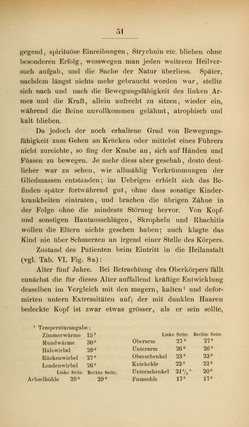 gegend, spirituöse Einreibungen, Strychnin etc. blieben ohne besonderen Erfolg, wesswegen man jeden weiteren Heilver- such aufgab, und die Sache der Natur überliess. Später, nachdem längst nichts mehr gebraucht worden war, stellte sich nach und nach die Bewegungsfähigkeit des linken Ar- mes und die Kraft, allein aufrecht zu sitzen, wieder ein, während die Beine unvollkommen gelähmt, atrophisch und kalt blieben. Da jedoch der noch erhaltene Grad von Bewegungs- fähigkeit zum Gehen an Krücken oder mittelst eines Führers nicht zureichte, so fing der Knabe an, sich auf Händen und Füssen zu bewegen. Je mehr diess aber geschah, desto deut- licher war zu sehen, wie allmählig Verkrümmungen der Gliedmassen entstanden; im Uebrigen erhielt sich das Be- finden später fortwährend gut, ohne dass sonstige Kinder- krankheiten eintraten, und brachen die übrigen Zähne in der Folge ohne die mindeste Störung hervor. Von Kopf- und sonstigen Hautausschlägen, Skropheln und Rhachitis wollen die Eltern nichts gesehen haben; auch klagte das Kind nie über Schmerzen an irgend einer Stelle des Körpers. Zustand des Patienten beim Eintritt in die Heilanstalt (vgl. Tab. VL Fig. 8a): Alter fünf Jahre. Bei Betrachtung des Oberkörpers fällt zunächst die für dieses Alter auffallend kräftige Entwicklung desselben im Vergleich mit den magern, kalten1 und defor- mirten untern Extremitäten auf; der mit dunklen Haaren bedeckte Kopf ist zwar etwas grösser, als er sein sollte, 1 Temperaturangäbe: Zimmerwärme 15° Mundwärme 30° Halswirbel 29° Rückenwirbel 27° Lendenwirbel 26 ° Linke Seite. Rechte Seite. Linke Seite. Rechte Seite Oberarm 27«. 27 o Unterarm 26° 26° Oberschenkel 23° 23° Kniekehle 22° 22° Unterschenkel 21 V2° 20°