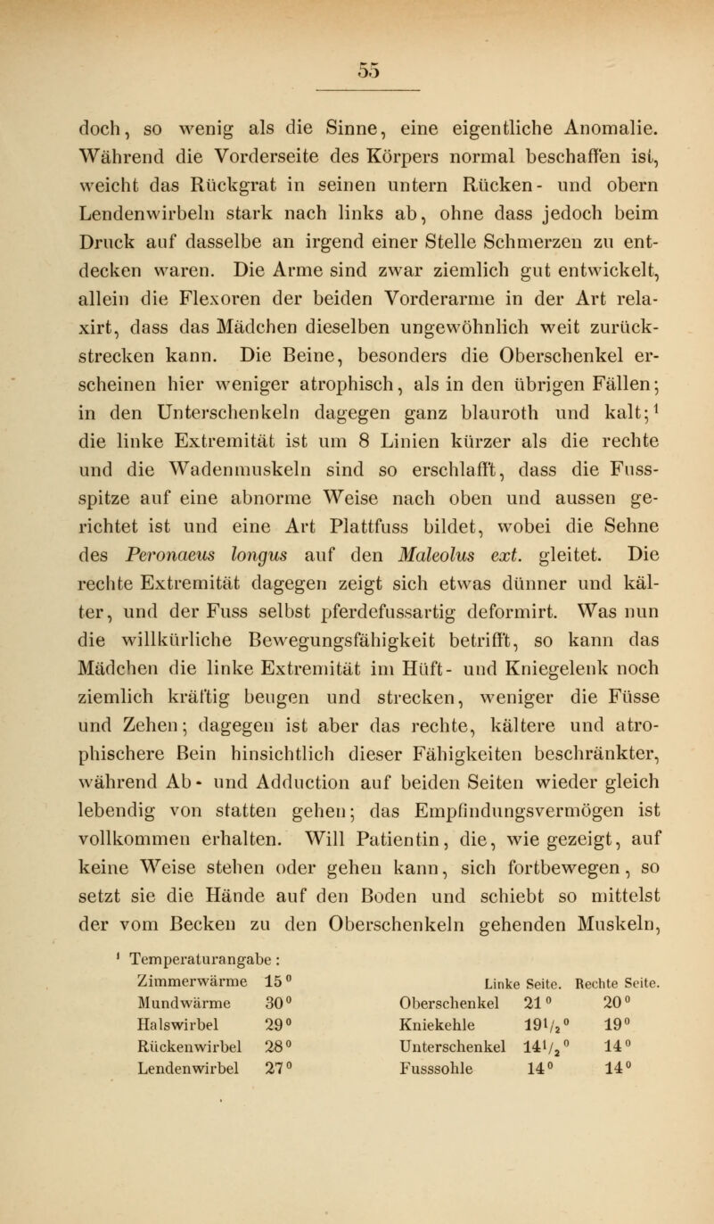 doch, so wenig als die Sinne, eine eigentliche Anomalie. Während die Vorderseite des Körpers normal beschaffen ist, weicht das Rückgrat in seinen untern Rücken- und obern Lendenwirbeln stark nach links ab, ohne dass jedoch beim Druck auf dasselbe an irgend einer Stelle Schmerzen zu ent- decken waren. Die Arme sind zwar ziemlich gut entwickelt, allein die Flexoren der beiden Vorderarme in der Art rela- xirt, dass das Mädchen dieselben ungewöhnlich weit zurück- strecken kann. Die Beine, besonders die Oberschenkel er- scheinen hier weniger atrophisch, als in den übrigen Fällen; in den Unterschenkeln dagegen ganz blauroth und kalt;1 die linke Extremität ist um 8 Linien kürzer als die rechte und die Wadenmuskeln sind so erschlafft, dass die Fuss- spitze auf eine abnorme Weise nach oben und aussen ge- richtet ist und eine Art Plattfuss bildet, wobei die Sehne des Peronaeus longus auf den Maleolus ext. gleitet. Die rechte Extremität dagegen zeigt sich etwas dünner und käl- ter, und der Fuss selbst pferdefussartig deformirt. Was nun die willkürliche Bewegungsfähigkeit betrifft, so kann das Mädchen die linke Extremität im Hüft- und Kniegelenk noch ziemlich kräftig beugen und strecken, weniger die Füsse und Zehen; dagegen ist aber das rechte, kältere und atro- phischere Bein hinsichtlich dieser Fähigkeiten beschränkter, während Ab- und Adduction auf beiden Seiten wieder gleich lebendig von statten gehen; das Empfindungsvermögen ist vollkommen erhalten. Will Patientin, die, wie gezeigt, auf keine Weise stehen oder gehen kann, sich fortbewegen, so setzt sie die Hände auf den Boden und schiebt so mittelst der vom Becken zu den Oberschenkeln gehenden Muskeln, 1 Temperaturangabe: Zimmerwärme 15 ° Linke Seite. Rechte Seite. Mundwärme 30° Oberschenkel 21° 20° Halswirbel 29° Kniekehle 191/2° 19° Rückenwirbel 28° Unterschenkel 14V2° 14° Lendenwirbel 27° Fusssohle 14° 14°