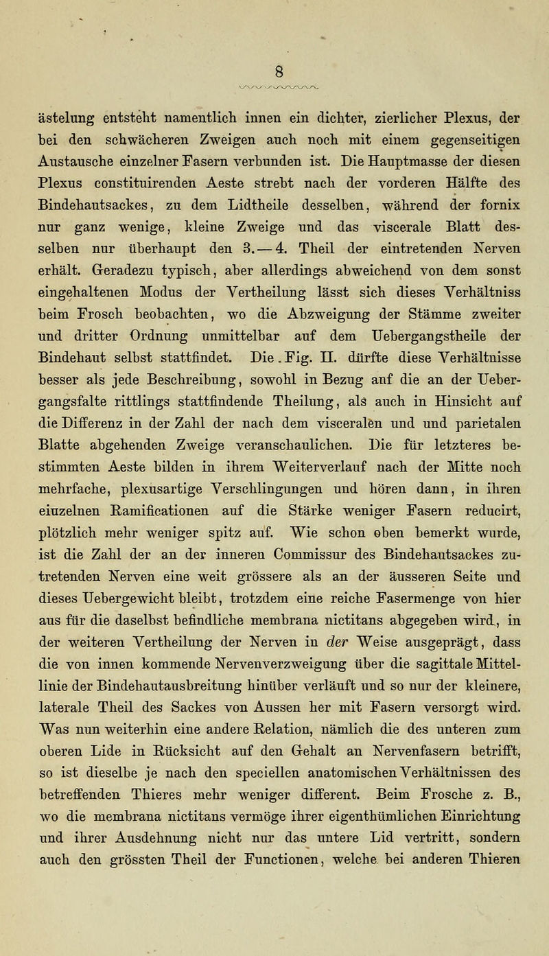 ästelung entsteht namentlich innen ein dichter, zierlicher Plexus, der hei den schwächeren Zweigen auch noch mit einem gegenseitigen Austausche einzelner Fasern verbunden ist. Die Hauptmasse der diesen Plexus constituirenden Aeste strebt nach der vorderen Hälfte des Bindehautsackes, zu dem Lidtheile desselben, während der fornix nur ganz wenige, kleine Zweige und das viscerale Blatt des- selben nur überhaupt den 3. — 4. Theil der eintretenden Nerven erhält. Geradezu typisch, aber allerdings abweichend von dem sonst eingehaltenen Modus der Vertheilung lässt sich dieses Verhältniss beim Frosch beobachten, wo die Abzweigung der Stämme zweiter und dritter Ordnung unmittelbar auf dem Uebergangstheile der Bindehaut selbst stattfindet. Die. Fig. II. dürfte diese Verhältnisse besser als jede Beschreibung, sowohl in Bezug auf die an der Ueber- gangsfalte rittlings stattfindende Theilung, als auch in Hinsicht auf die Differenz in der Zahl der nach dem visceralen und und parietalen Blatte abgehenden Zweige veranschaulichen. Die für letzteres be- stimmten Aeste bilden in ihrem Weiterverlauf nach der Mitte noch mehrfache, plexusartige Yerschlingungen und hören dann, in ihren einzelnen Ramificationen auf die Stärke weniger Fasern reducirt, plötzlich mehr weniger spitz auf. Wie schon oben bemerkt wurde, ist die Zahl der an der inneren Commissur des Bindehautsackes zu- tretenden Nerven eine weit grössere als an der äusseren Seite und dieses Uebergewicht bleibt, trotzdem eine reiche Fasermenge von hier aus für die daselbst befindliche membrana nictitans abgegeben wird, in der weiteren Vertheilung der Nerven in der Weise ausgeprägt, dass die von innen kommende Nervenverzweigung über die sagittale Mittel- linie der Bindehautausbreitung hinüber verläuft und so nur der kleinere, laterale Theil des Sackes von Aussen her mit Fasern versorgt wird. Was nun weiterhin eine andere Relation, nämlich die des unteren zum oberen Lide in Bücksicht auf den Gehalt an Nervenfasern betrifft, so ist dieselbe je nach den speciellen anatomischen Verhältnissen des betreffenden Thieres mehr weniger different. Beim Frosche z. B., wo die membrana nictitans vermöge ihrer eigenthümlichen Einrichtung und ihrer Ausdehnung nicht nur das untere Lid vertritt, sondern auch den grössten Theil der Functionen, welche bei anderen Thieren