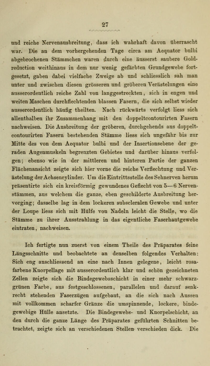 und reiche Nervenausbreitung, dass ich wahrhaft davon überrascht war. Die an dem vorhergehenden Tage circa am Aequator bulbi abgebrochenen Stämmchen waren durch eine äusserst saubere Gold- rednction weithinaus in dem nur wenig gefärbten Grundgewebe fort- gesetzt, gaben dabei vielfache Zweige ab und schliesslich sah man unter und zwischen diesen grösseren und gröberen Verästelungen eine ausserordentlich reiche Zahl von langgestreckten, sich in engen und weiten Maschen durchflechtenden blassen Fasern, die sich selbst wieder ausserordentlich häufig theilten. Nach rückwärts verfolgt liess sich allenthalben ihr Zusammenhang mit den doppeltcontourirten Fasern nachweisen. Die Ausbreitung der gröberen, durchgehends aus doppelt- contourirten Fasern bestehenden Stämme liess sich ungefähr bis znr Mitte des von dem Aequator bulbi und der Insertionsebene der ge- raden Augenmuskeln begrenzten Gebietes und darüber hinaus verfol- gen; ebenso wie in der mittleren und hinteren Partie der ganzen Flächenansicht zeigte sich hier vorne die reiche Verflechtung und Ver- ästelung der Achsencylinder. Um die Eintrittsstelle des Sehnerven herum präsentirte sich ein kreisförmig gewundenes Geflecht von 5—6 Nerven- stämmen, aus welchem die ganze, eben geschilderte Ausbreitung her- vorging ; dasselbe lag in dem lockeren subscleralen Gewebe und unter der Loupe liess sich mit Hülfe von Nadeln leicht die Stelle, wo die Stämme zu ihrer Ausstrahlung in das eigentliche Faserhautgewebe eintraten, nachweisen. Ich fertigte nun zuerst von einem Theile des Präparates feine Längsschnitte und beobachtete an denselben folgendes Verhalten: Sich eng anschliessend an eine nach Innen gelegene, leicht rosa- farbene Knorpellage mit ausserordentlich klar und schön gezeichneten Zellen zeigte sich die Bindegewebsschicht in einer mehr schwarz- grünen Farbe, aus festgeschlossenen, parallelen und darauf senk- recht stehenden Faserzügen aufgebaut, an die sich nach Aussen mit vollkommen scharfer Gränze die umspinnende, lockere, binde- gewebige Hülle ansetzte. Die Bindegewebs- und Knorpelschicht, an den durch die ganze Länge des Präparates geführten Schnitten be- trachtet, zeigte sich an verschiedenen Stellen verschieden dick. Die