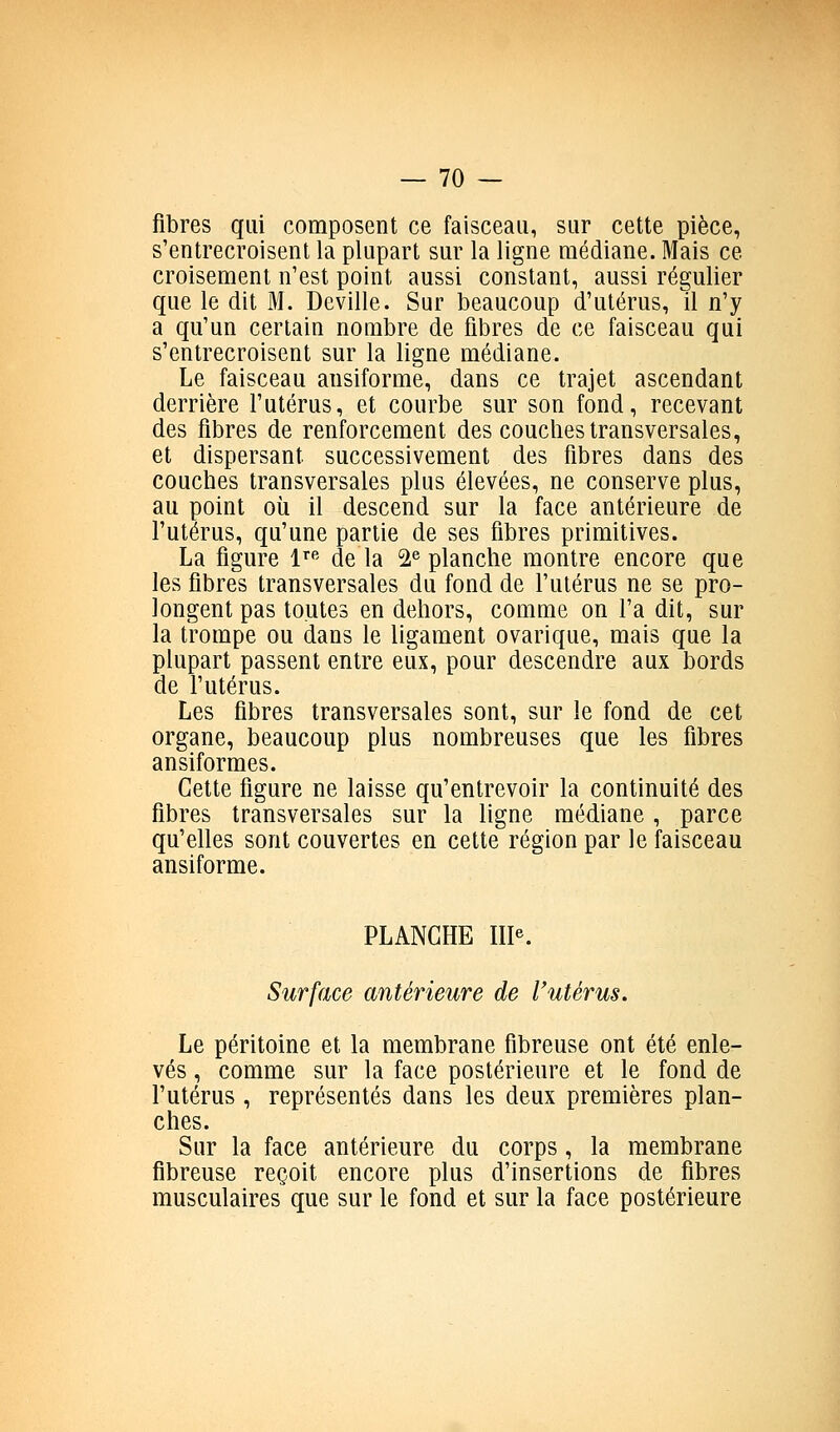 fibres qui composent ce faisceau, sur cette pièce, s'entrecroisent la plupart sur la ligne médiane. Mais ce croisement n'est point aussi constant, aussi régulier que le dit M. Deville. Sur beaucoup d'utérus, il n'y a qu'un certain nombre de fibres de ce faisceau qui s'entrecroisent sur la ligne médiane. Le faisceau ansiforme, dans ce trajet ascendant derrière l'utérus, et courbe sur son fond, recevant des fibres de renforcement des couches transversales, et dispersant successivement des fibres dans des couches transversales plus élevées, ne conserve plus, au point oii il descend sur la face antérieure de l'utérus, qu'une partie de ses fibres primitives. La figure 1''' delà 2^ planche montre encore que les fibres transversales du fond de l'utérus ne se pro- longent pas toutes en dehors, comme on l'a dit, sur la trompe ou dans le ligament ovarique, mais que la plupart passent entre eux, pour descendre aux bords de l'utérus. Les fibres transversales sont, sur le fond de cet organe, beaucoup plus nombreuses que les fibres ansiformes. Cette figure ne laisse qu'entrevoir la continuité des fibres transversales sur la ligne médiane , parce qu'elles sont couvertes en cette région par le faisceau ansiforme. PLANCHE III«. Surface antérieure de l'utérus. Le péritoine et la membrane fibreuse ont été enle- vés , comme sur la face postérieure et le fond de l'utérus , représentés dans les deux premières plan- ches. Sur la face antérieure du corps, la membrane fibreuse reçoit encore plus d'insertions de fibres musculaires que sur le fond et sur la face postérieure