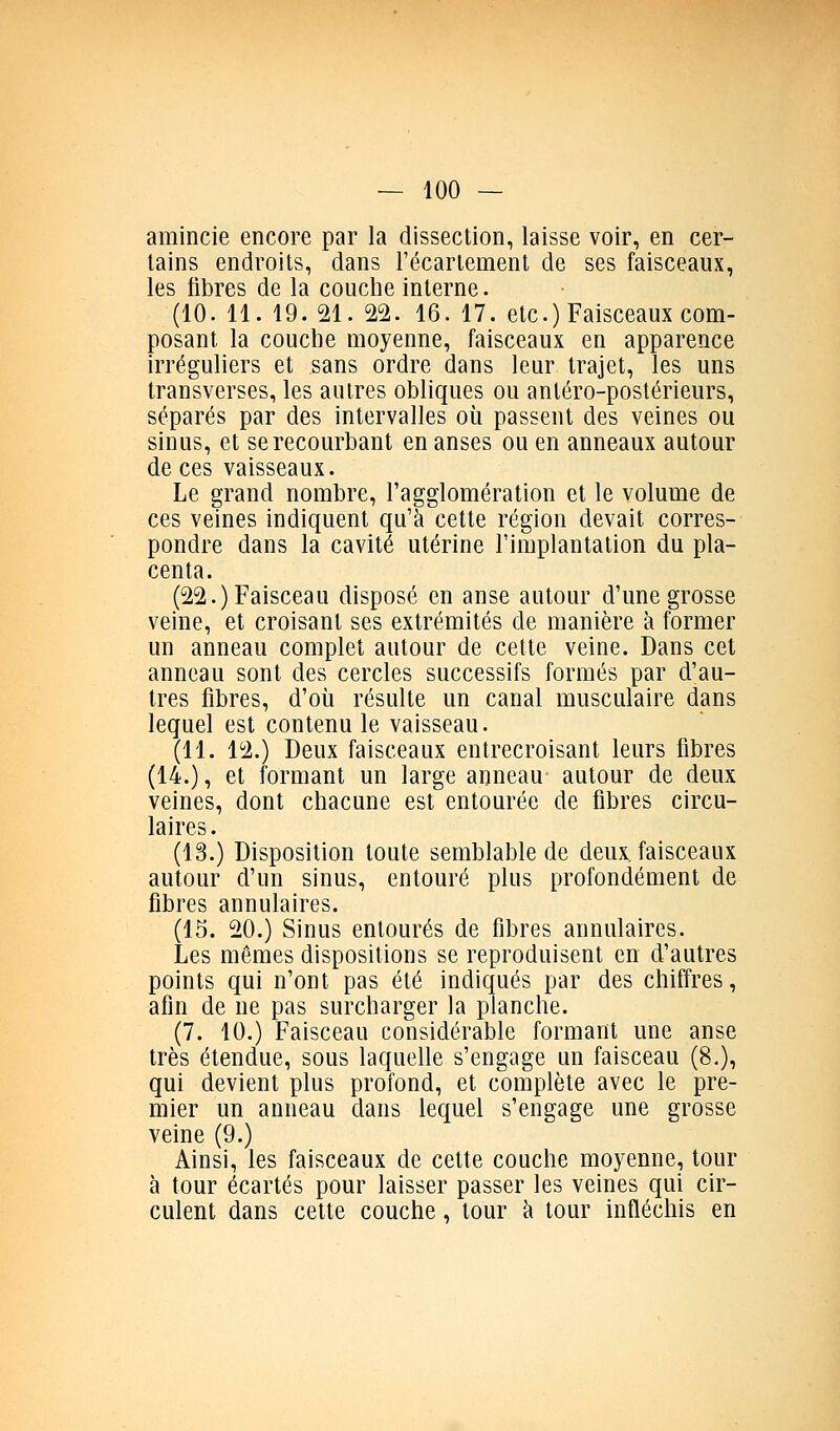 amincie encore par la dissection, laisse voir, en cer- tains endroits, dans récartement de ses faisceaux, les fibres de la couche interne. (10. 11. 19. 21. 22. 16. 17. etc.) Faisceaux com- posant la couche moyenne, faisceaux en apparence irréguliers et sans ordre dans leur trajet, les uns transverses, les autres obliques ou antéro-postérieurs, séparés par des intervalles où passent des veines ou sinus, et se recourbant en anses ou en anneaux autour de ces vaisseaux. Le grand nombre, l'agglomération et le volume de ces veines indiquent qu'à cette région devait corres- pondre dans la cavité utérine l'implantation du pla- centa. (22.) Faisceau disposé en anse autour d'une grosse veine, et croisant ses extrémités de manière à former un anneau complet autour de cette veine. Dans cet anneau sont des cercles successifs formés par d'au- tres fibres, d'où résulte un canal musculaire dans lequel est contenu le vaisseau. (11. 12.) Deux faisceaux entrecroisant leurs fibres (14.), et formant un large anneau autour de deux veines, dont chacune est entourée de fibres circu- laires. (13.) Disposition toute semblable de deux, faisceaux autour d'un sinus, entouré plus profondément de fibres annulaires. (15. 20.) Sinus entourés de fibres annulaires. Les mêmes dispositions se reproduisent en d'autres points qui n'ont pas été indiqués par des chiffres, afin de ne pas surcharger la planche. (7. 10.) Faisceau considérable formant une anse très étendue, sous laquelle s'engage un faisceau (8.), qui devient plus profond, et complète avec le pre- mier un anneau dans lequel s'engage une grosse veine (9.) Ainsi, les faisceaux de cette couche moyenne, tour à tour écartés pour laisser passer les veines qui cir- culent dans celte couche, tour à tour infléchis en
